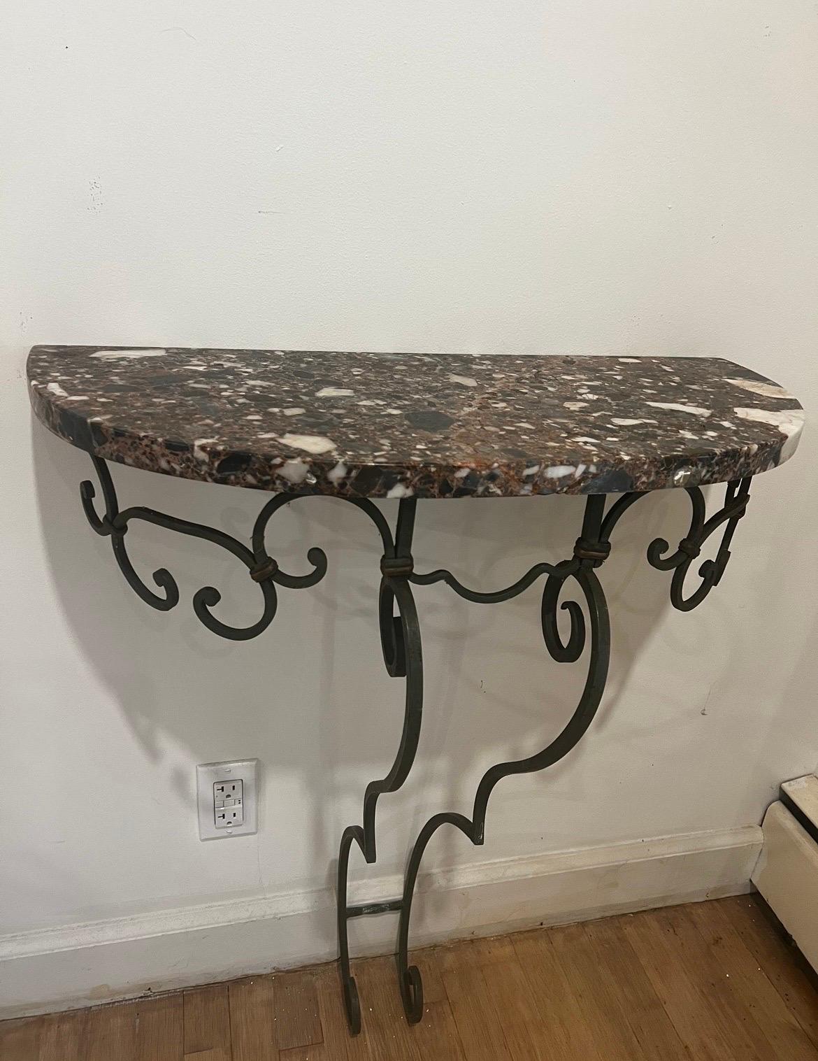 20th Century Pair of French Poillerat Style Marble Top Demi Lune Wall-Mount Console Tables For Sale