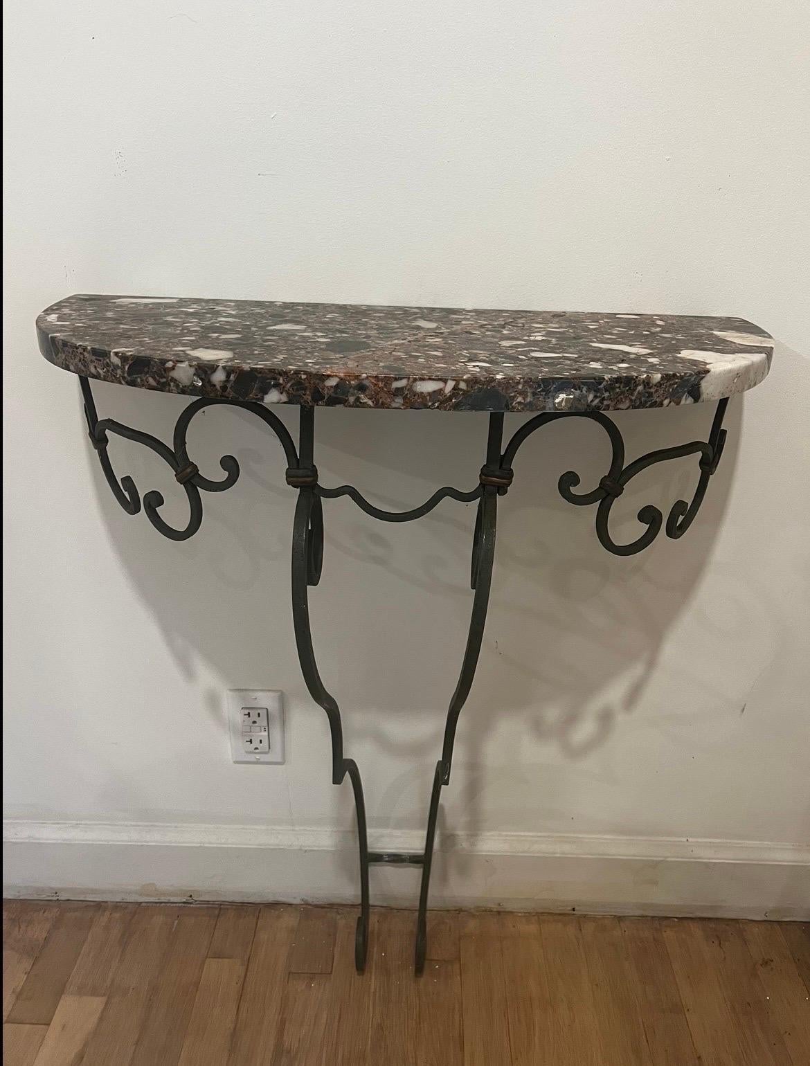 Iron Pair of French Poillerat Style Marble Top Demi Lune Wall-Mount Console Tables For Sale