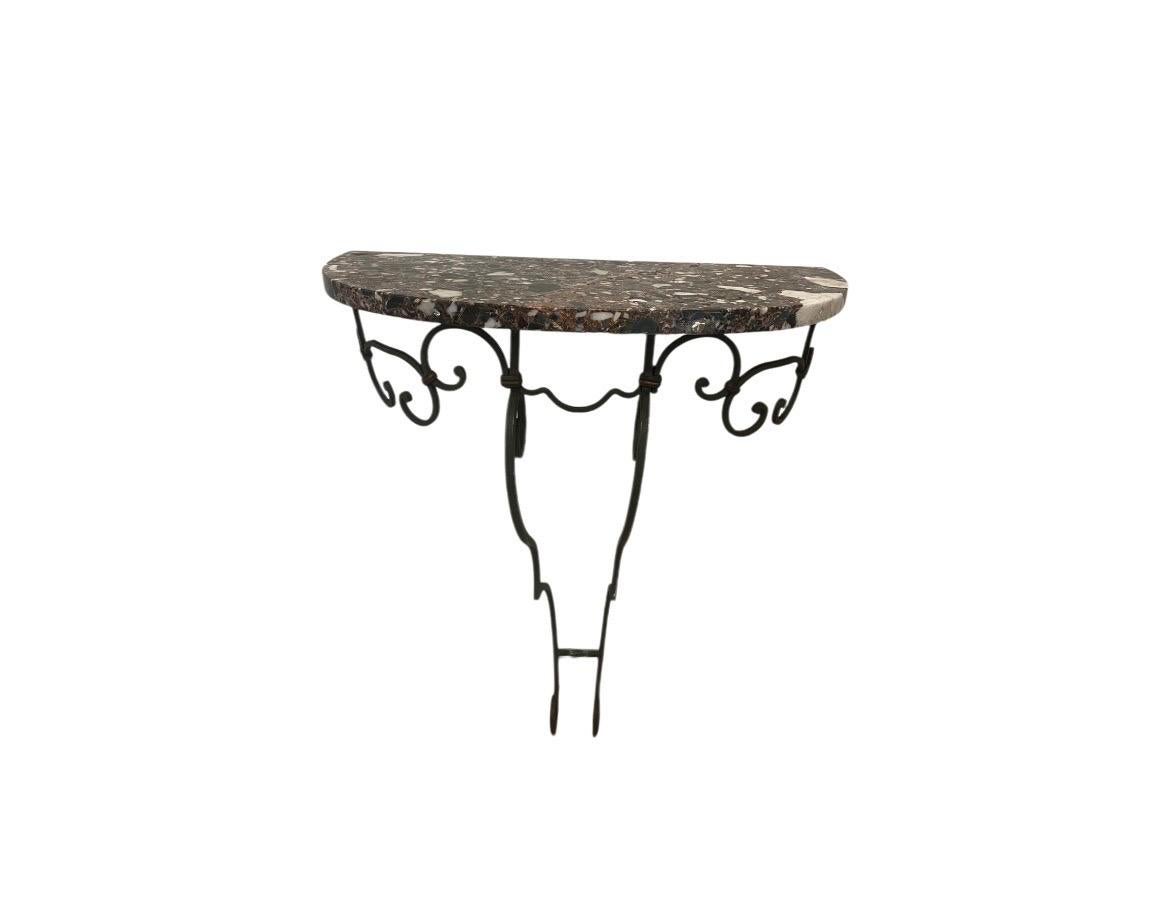 Pair of French Poillerat Style Marble Top Demi Lune Wall-Mount Console Tables For Sale 1