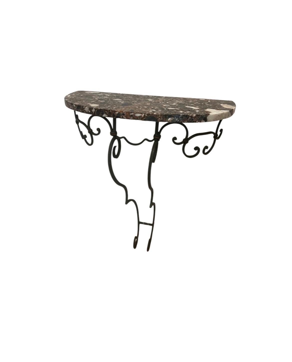 Pair of French Poillerat Style Marble Top Demi Lune Wall-Mount Console Tables For Sale 2