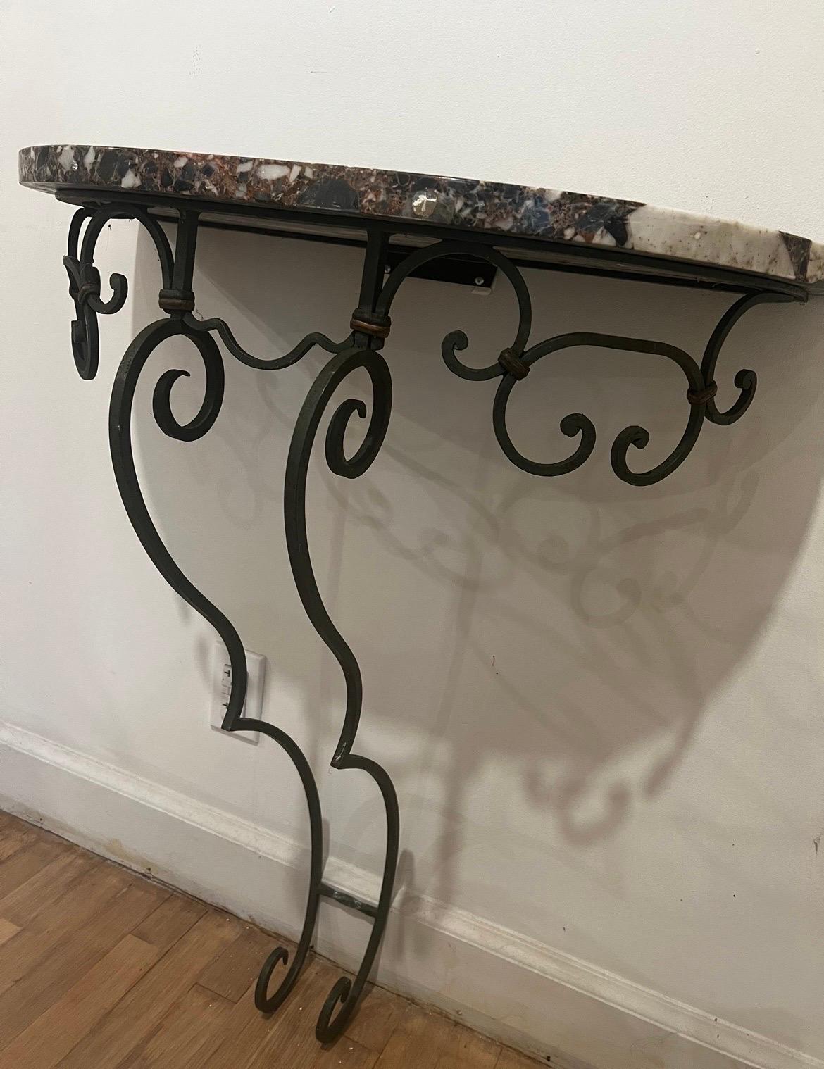Pair of French Poillerat Style Marble Top Demi Lune Wall-Mount Console Tables For Sale 3