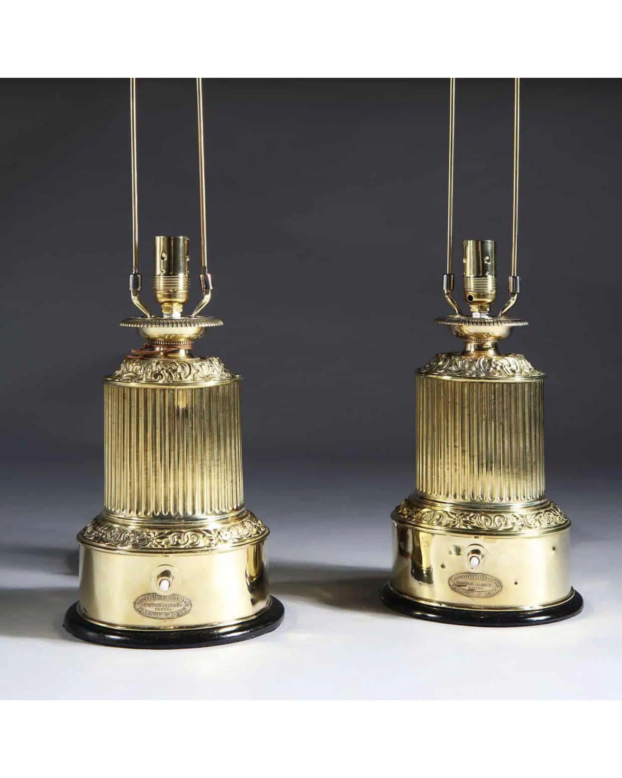 A rare pair of Charles X repoussé brass Colza table lamps

Now mounted for electricity with bespoke card shades and brass finials. With the makers mark Desbeaux & Co.

Additional information: 
Origin: France
Period: Circa 1820, 19th Century
Style: