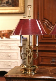 Pair of French Polished Brass Three-Light Table Lamps with Red Tole Shades