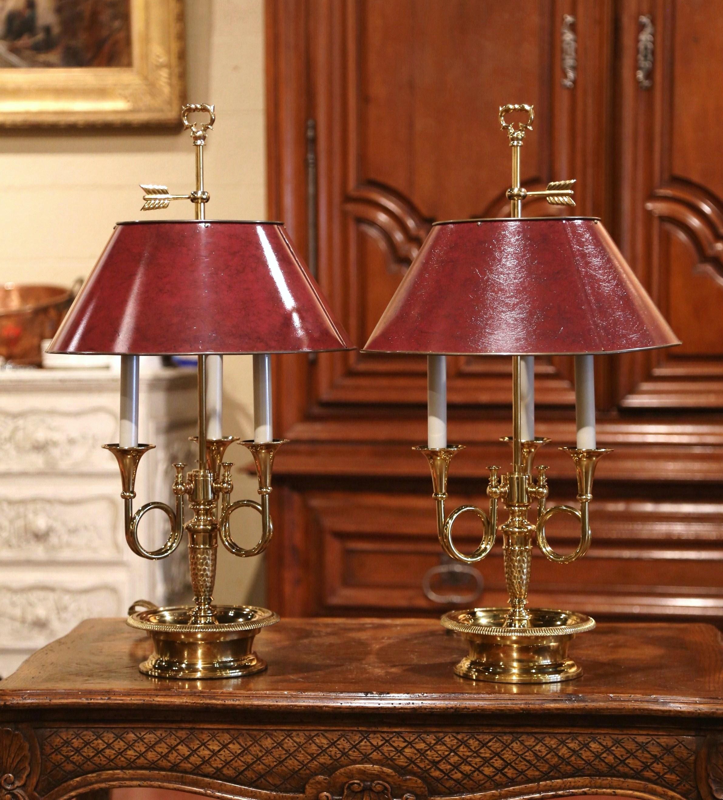 Hand-Crafted Pair of French Polished Brass Three-Light Table Lamps with Red Tole Shades