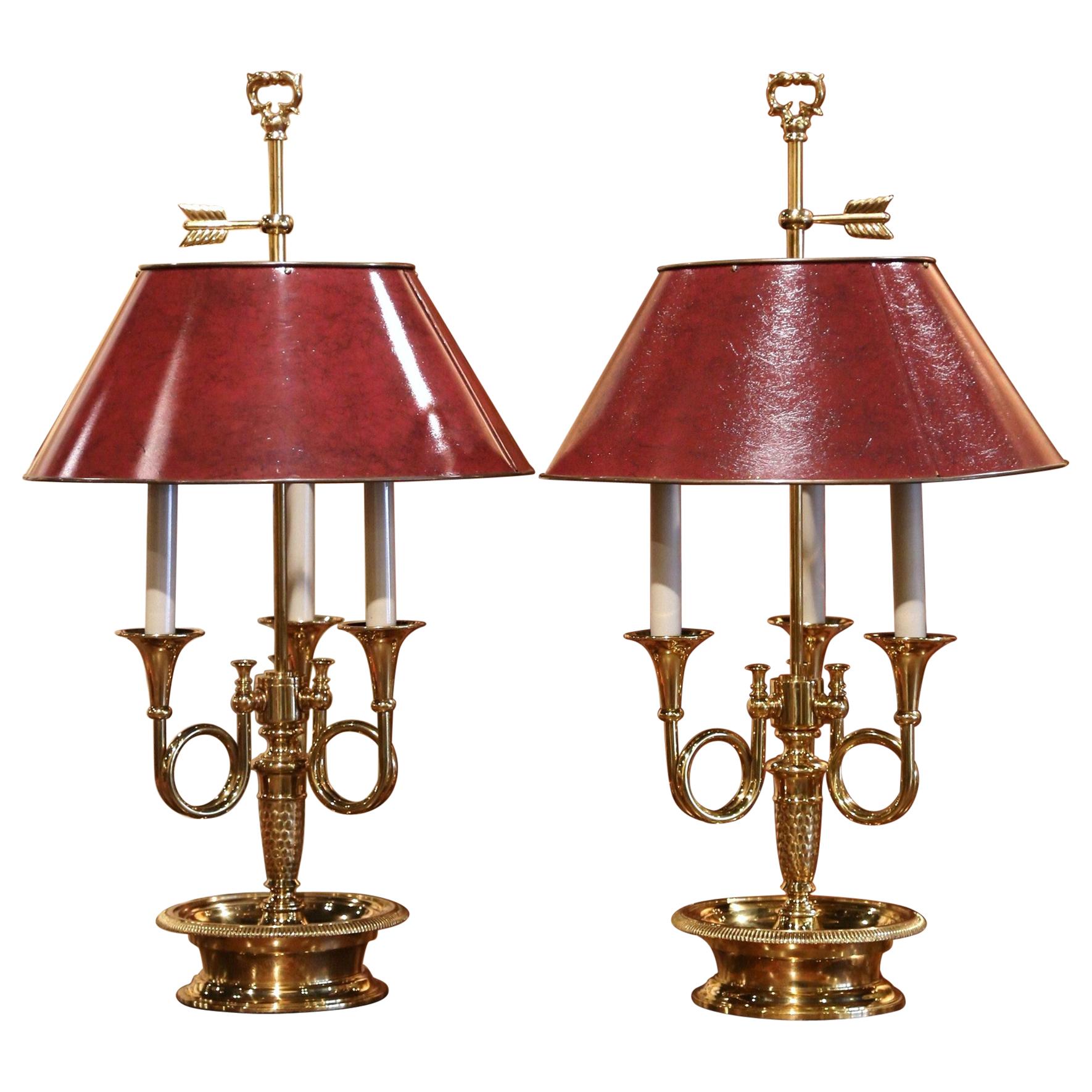 Pair of French Polished Brass Three-Light Table Lamps with Red Tole Shades