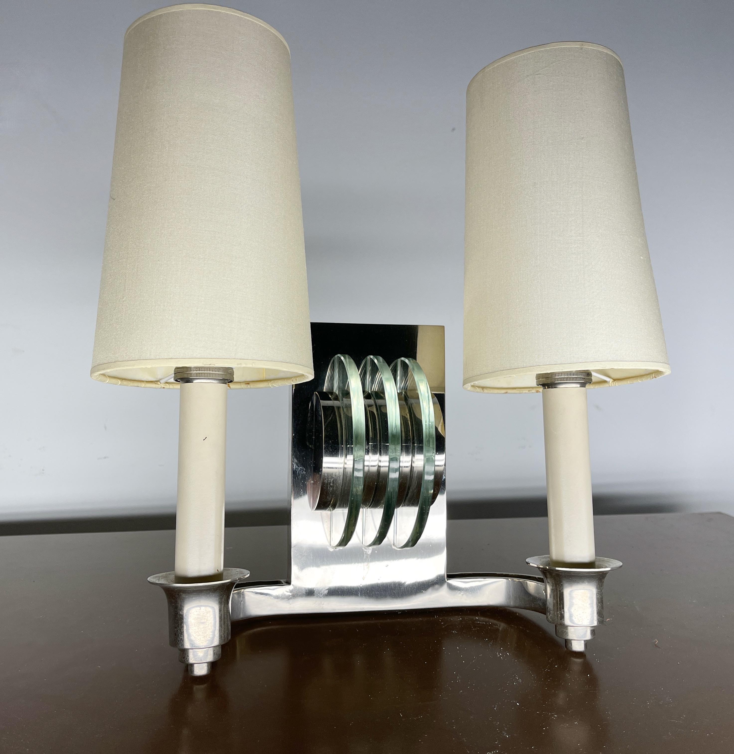Mid-Century Modern Pair of French Polished Nickel and Glass Sconces For Sale