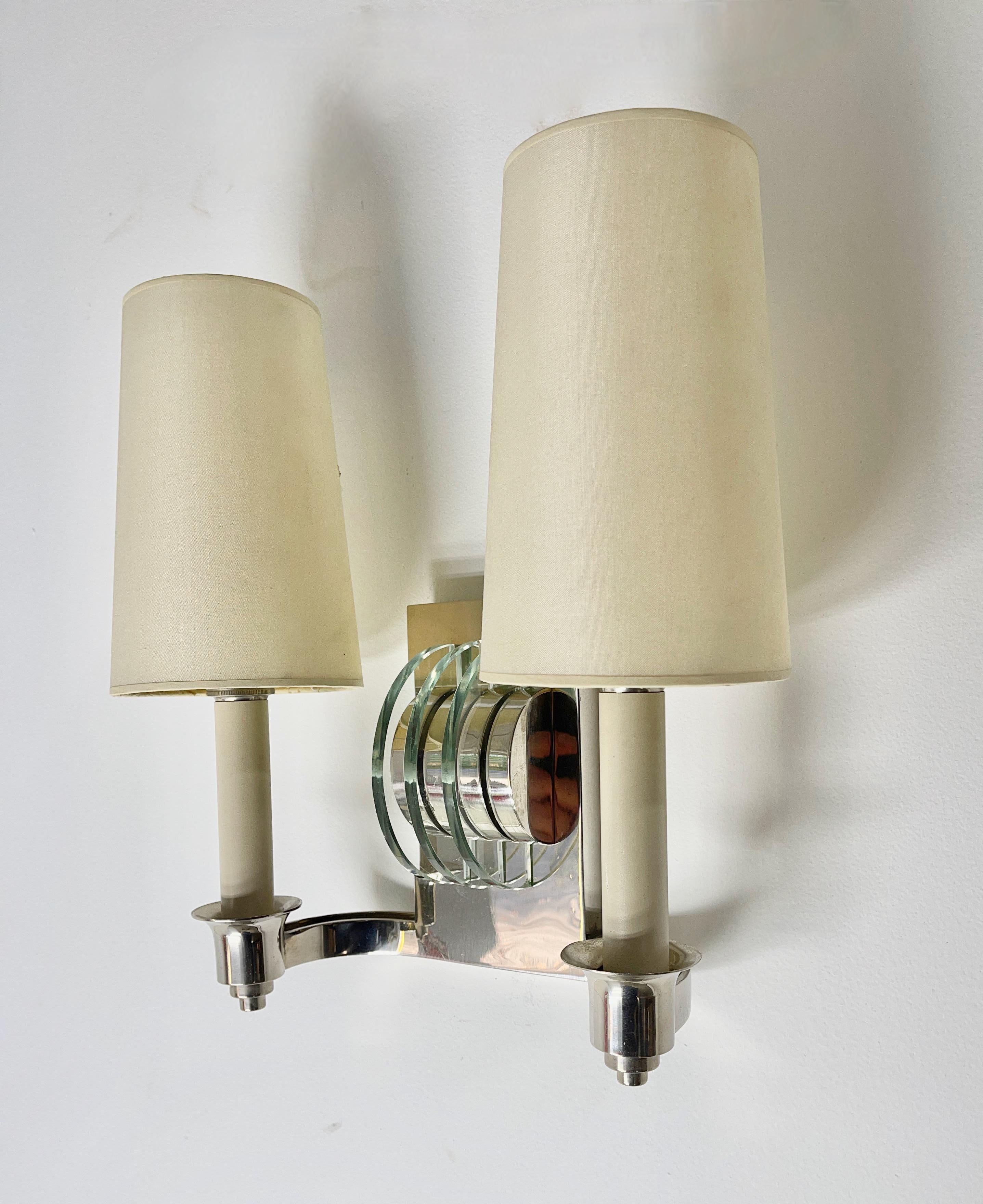 Mid-20th Century Pair of French Polished Nickel and Glass Sconces For Sale