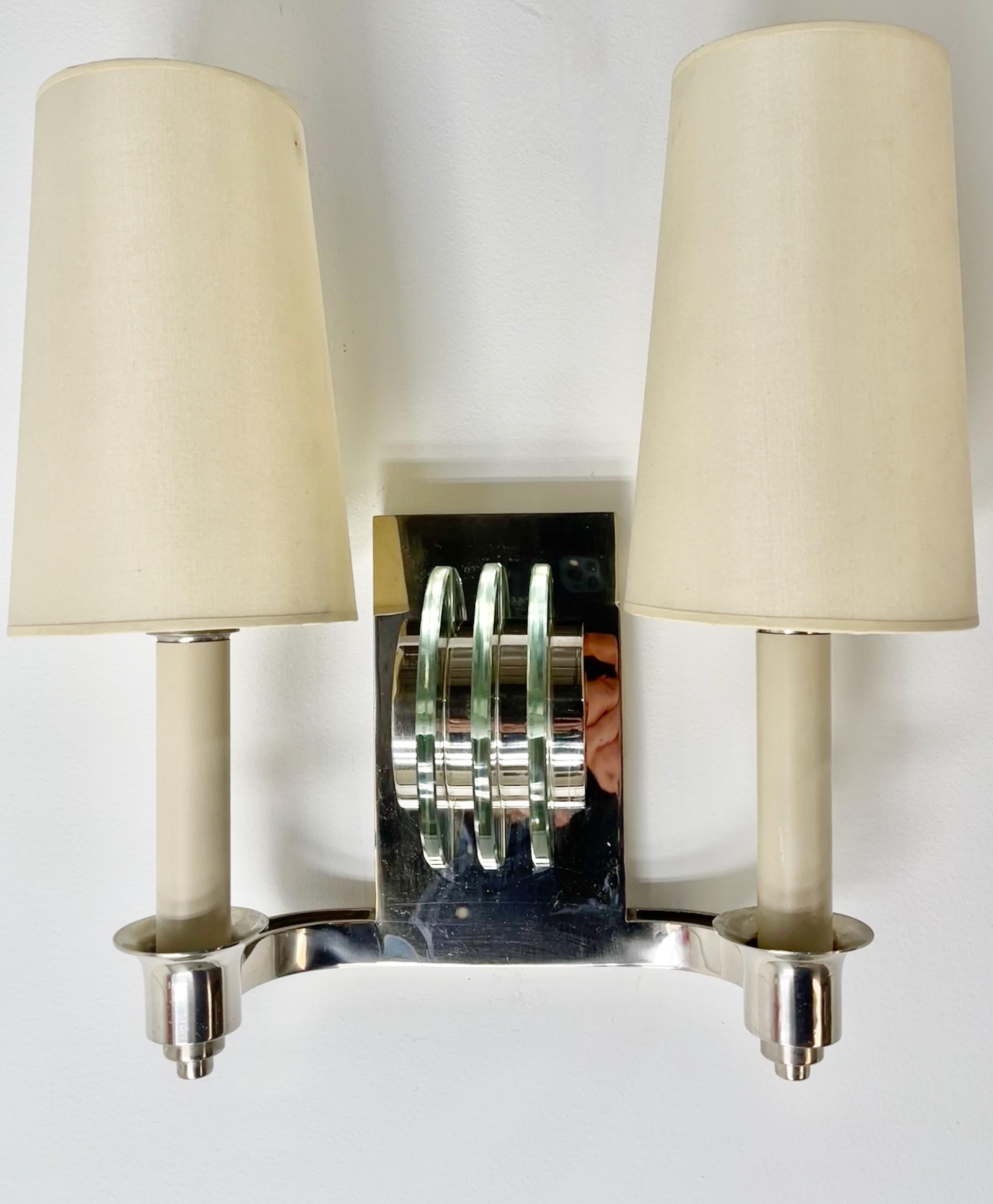 Pair of French Polished Nickel and Glass Sconces For Sale 1