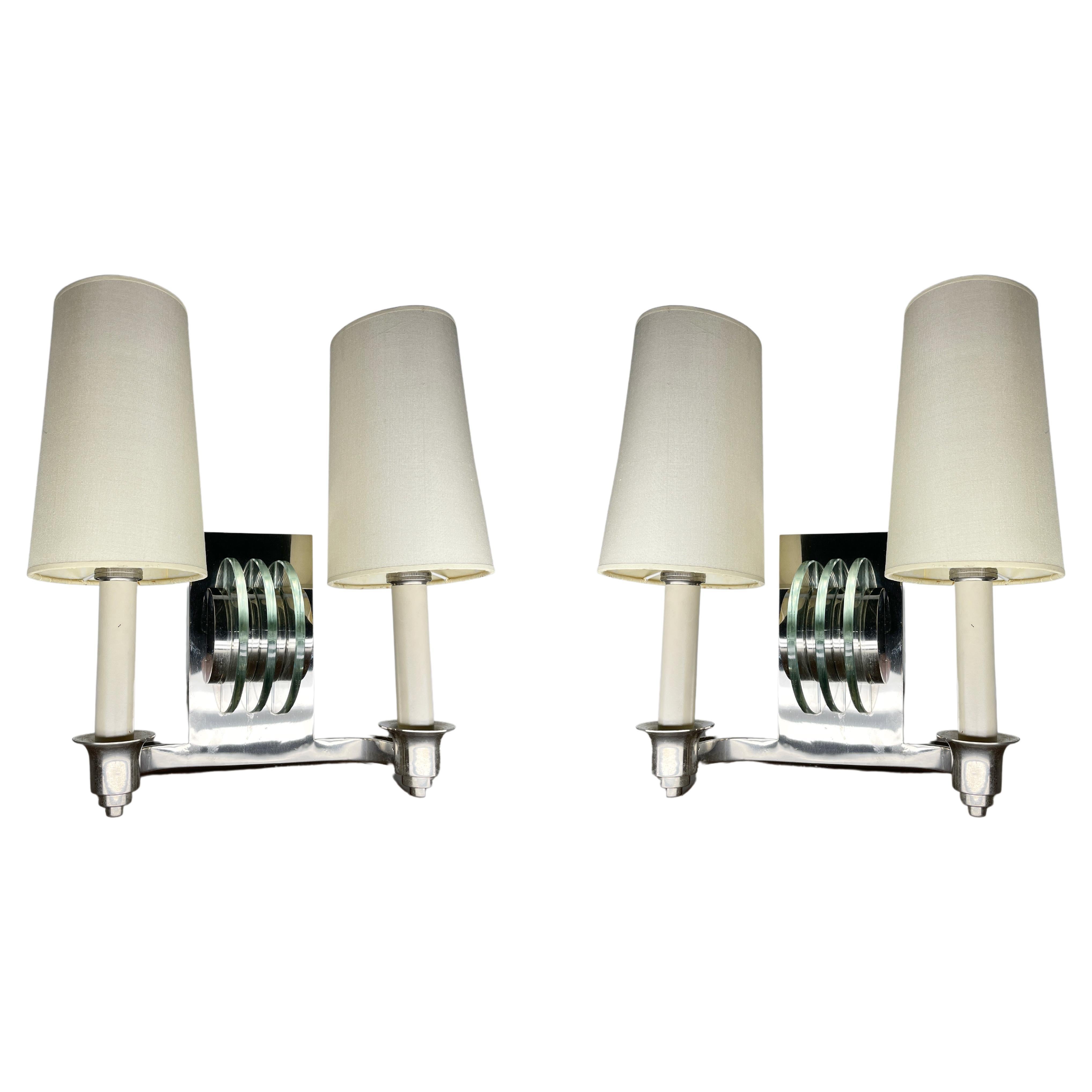Pair of French Polished Nickel and Glass Sconces For Sale
