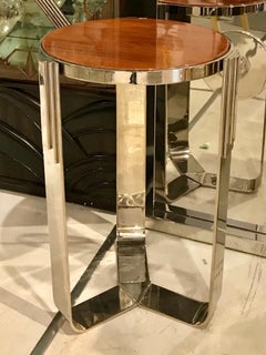 Pair of French Polished Stainless Steel and Walnut Side Tables