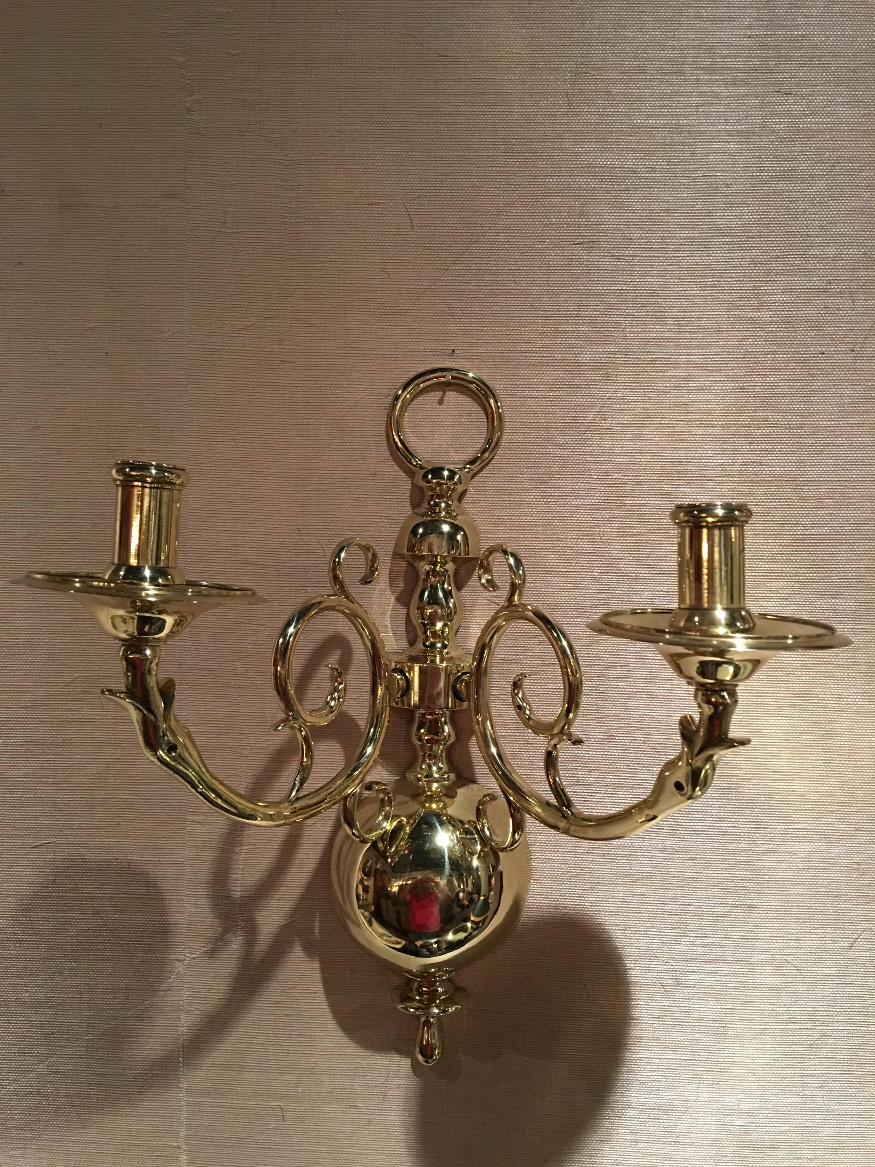 Pair of French Polished Two Candle Brass Sconces, 19th Century In Good Condition In Savannah, GA