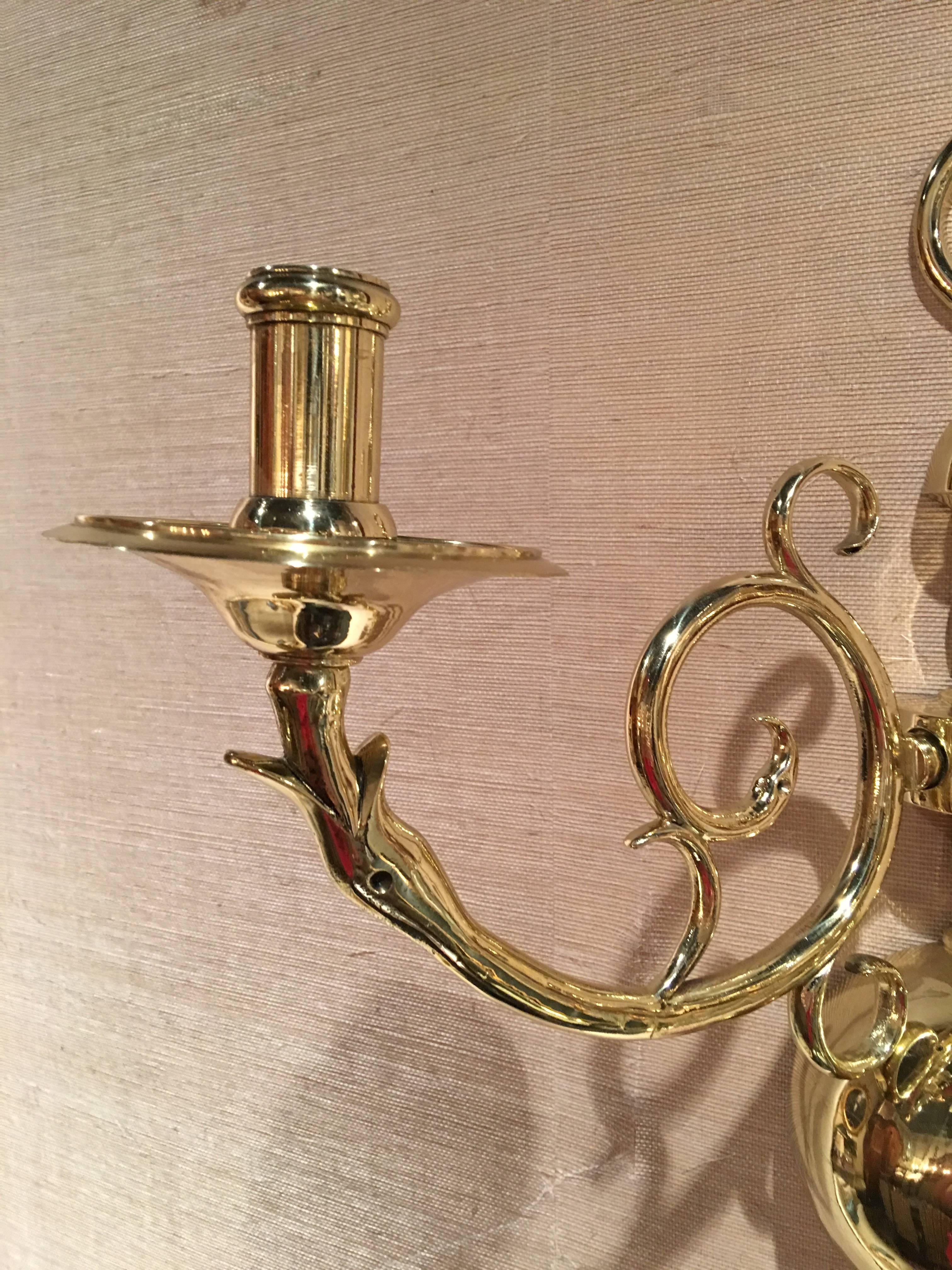 Pair of French Polished Two Candle Brass Sconces, 19th Century 1
