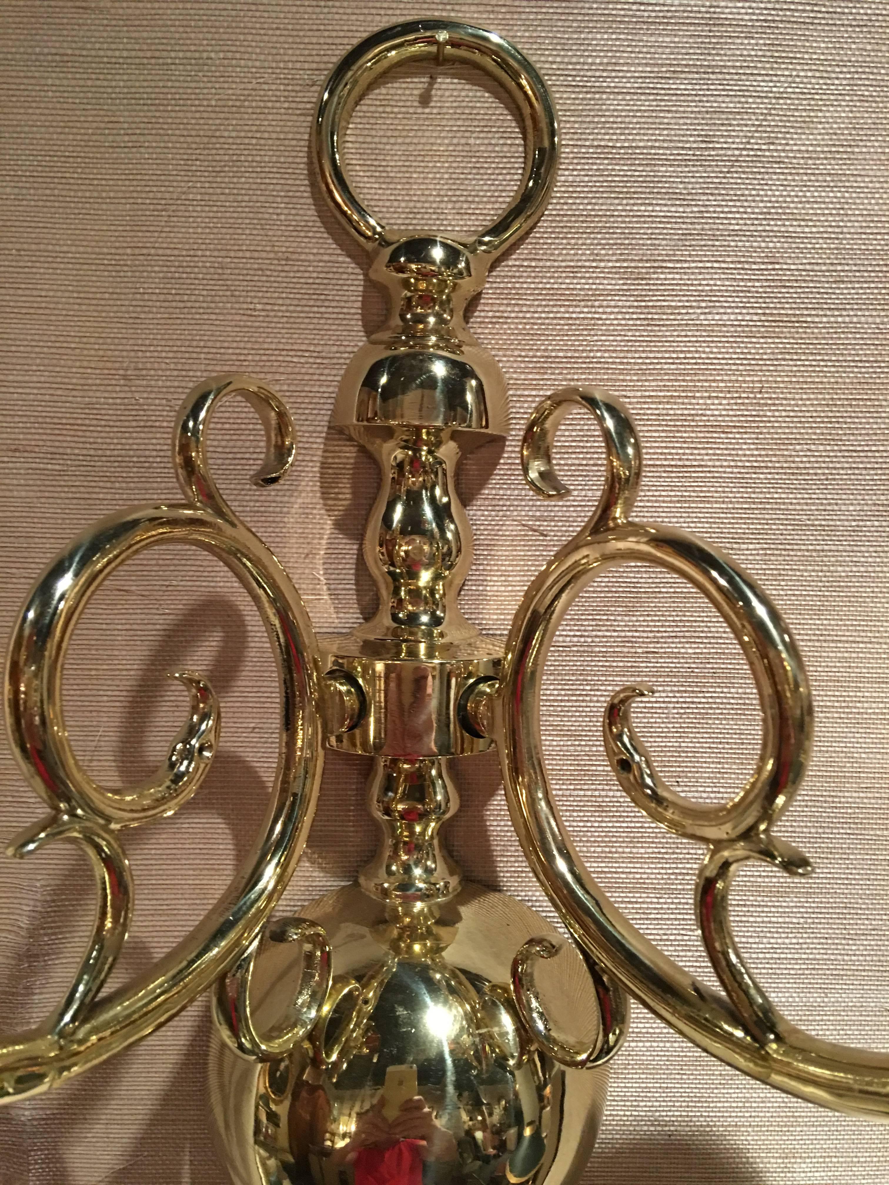 Pair of French Polished Two Candle Brass Sconces, 19th Century 3