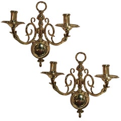 Pair of French Polished Two Candle Brass Sconces, 19th Century