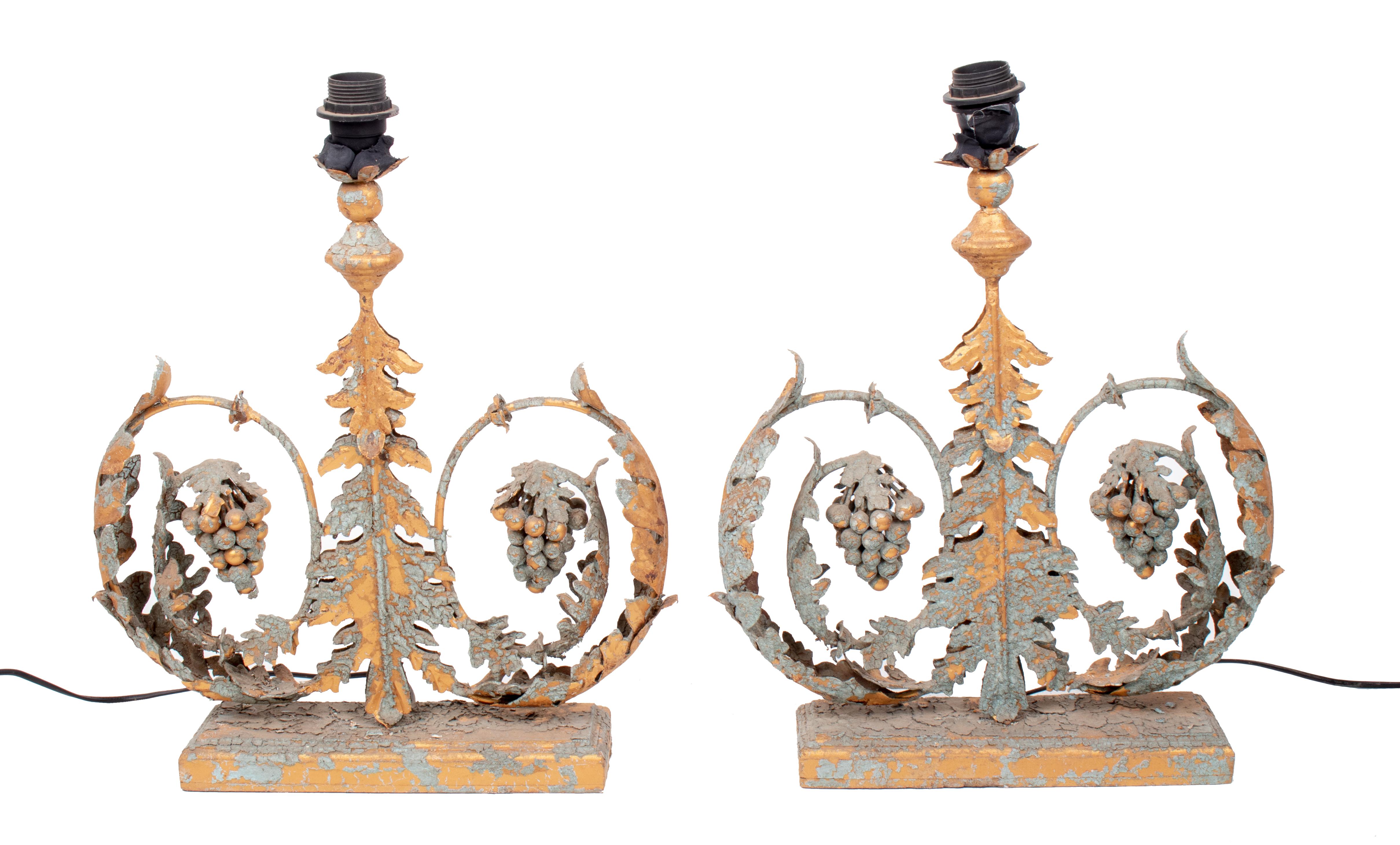 Pair of French polychrome iron table lamps with crackling antique look.