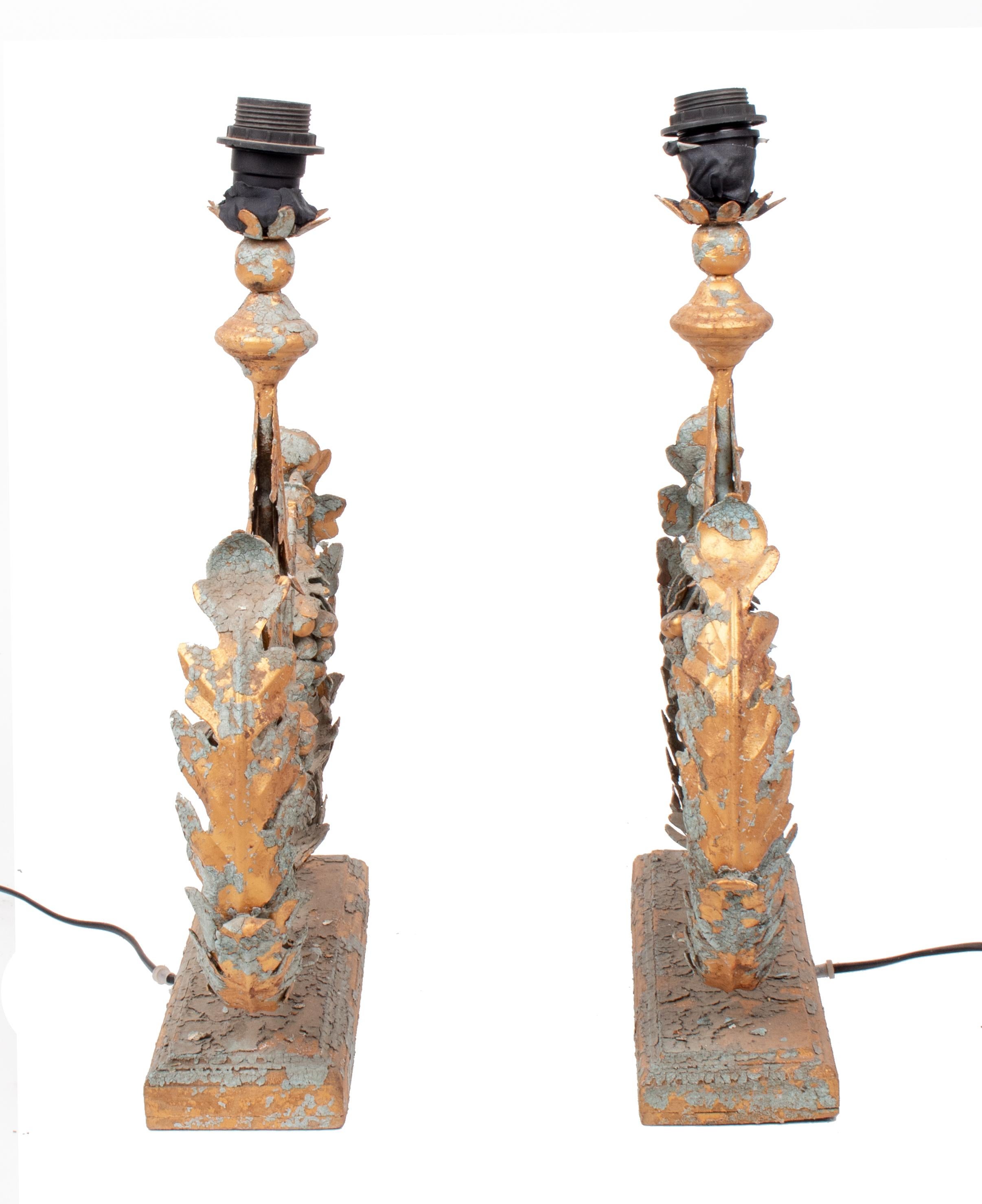 20th Century Pair of French Polychrome Iron Table Lamps with Crackling Antique Look For Sale