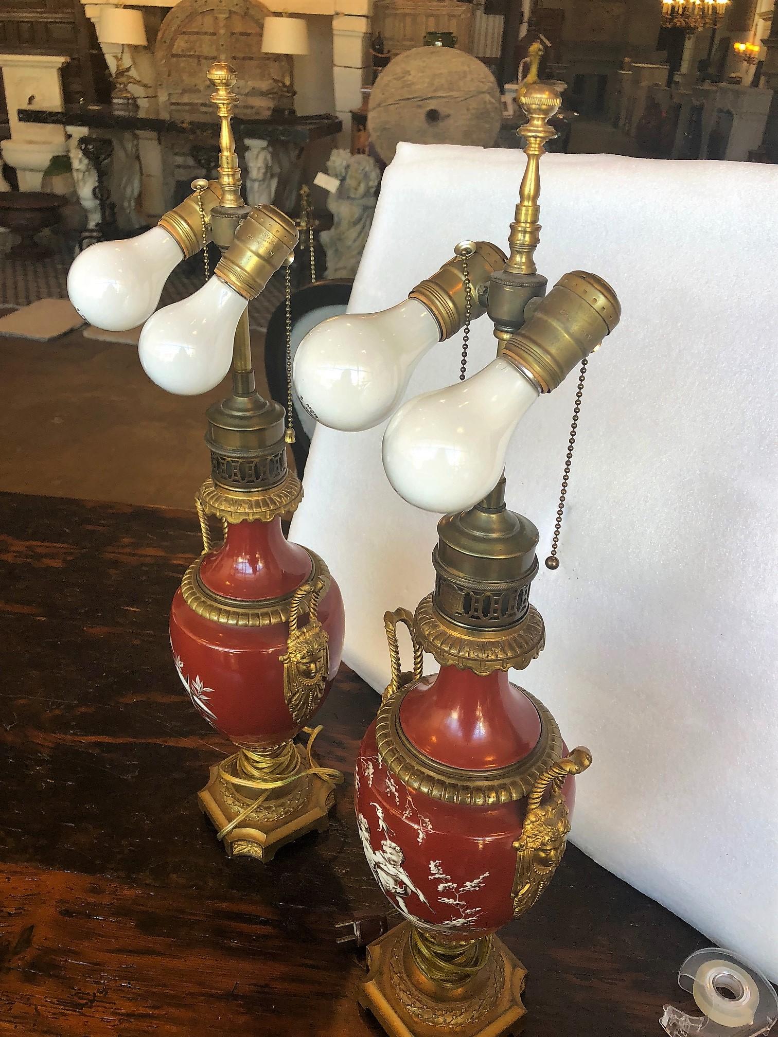 Pair of French, Porcelain and Bronze Lamps In Good Condition For Sale In Dallas, TX