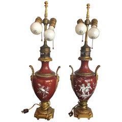 Pair of French, Porcelain and Bronze Lamps