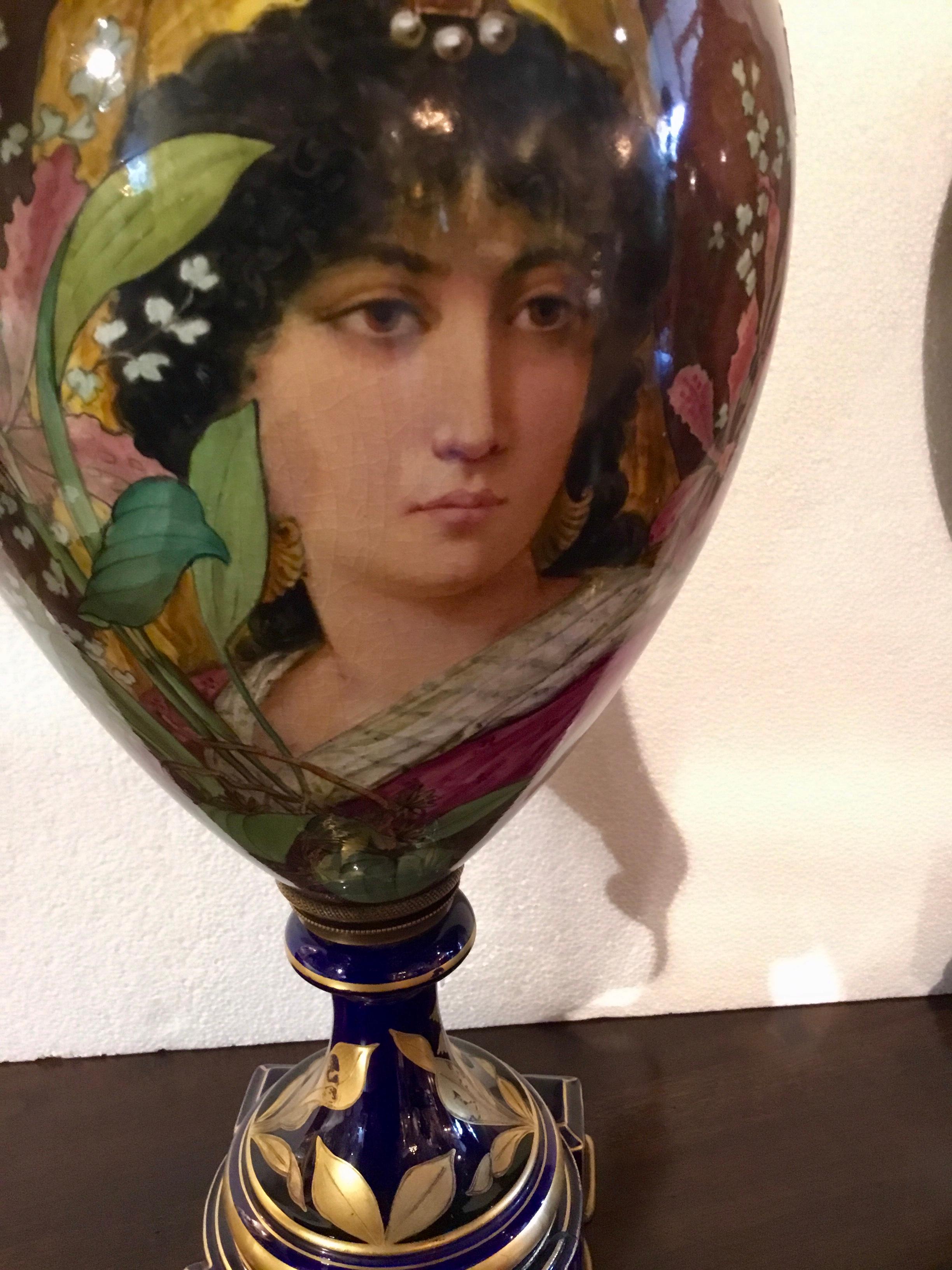 Pair of French Porcelain Art Nouveau Portrait Urns, Gilt Bronze Mounted C. 1900 For Sale 6