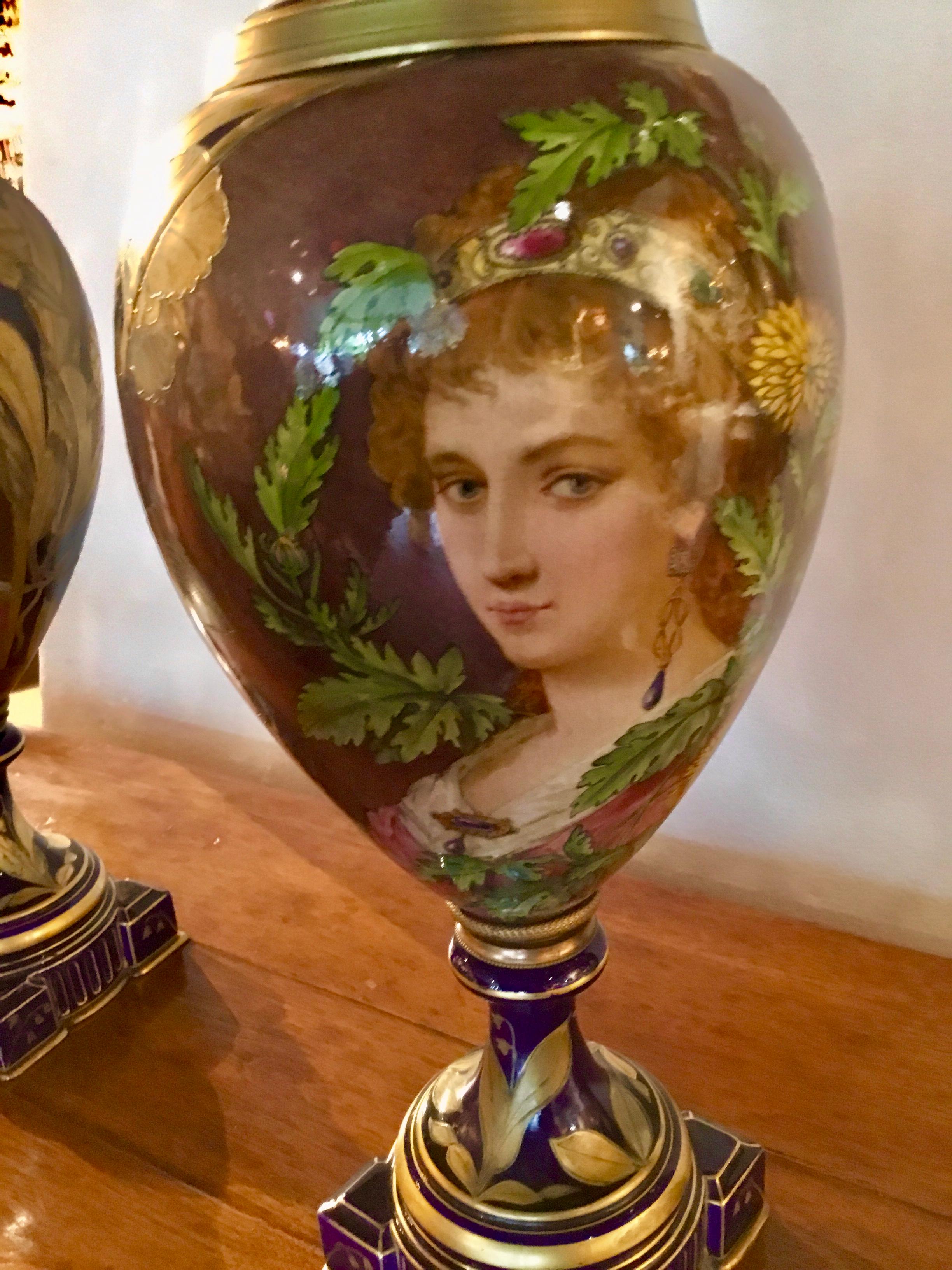 Pair of French Porcelain Art Nouveau Portrait Urns, Gilt Bronze Mounted C. 1900 In Good Condition For Sale In Houston, TX