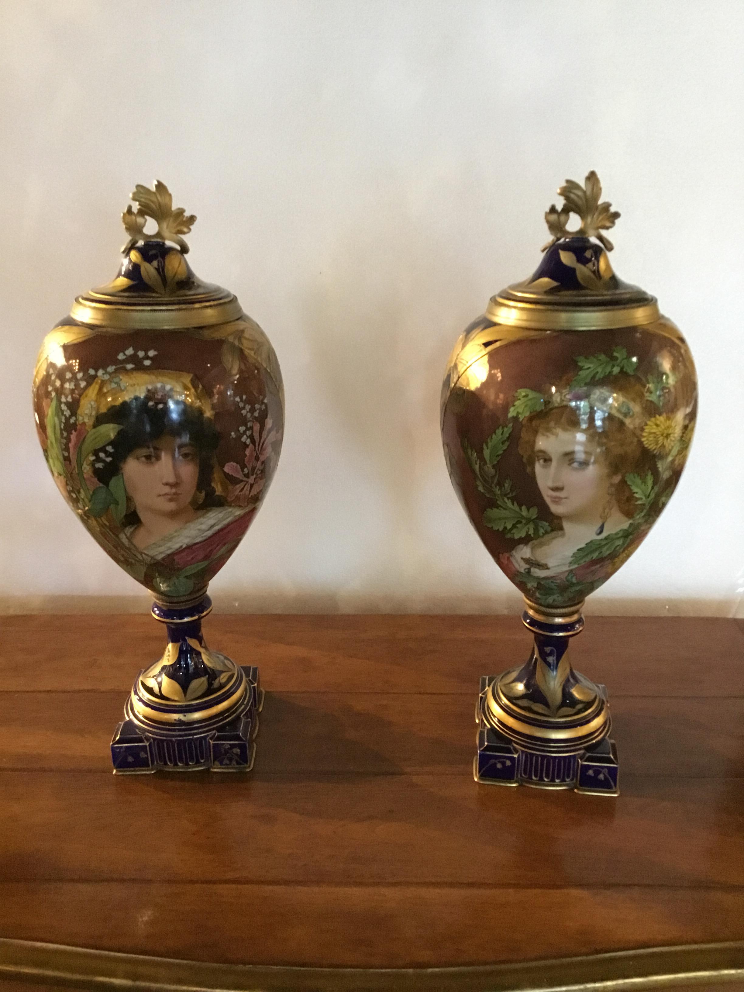 19th Century Pair of French Porcelain Art Nouveau Portrait Urns, Gilt Bronze Mounted C. 1900 For Sale