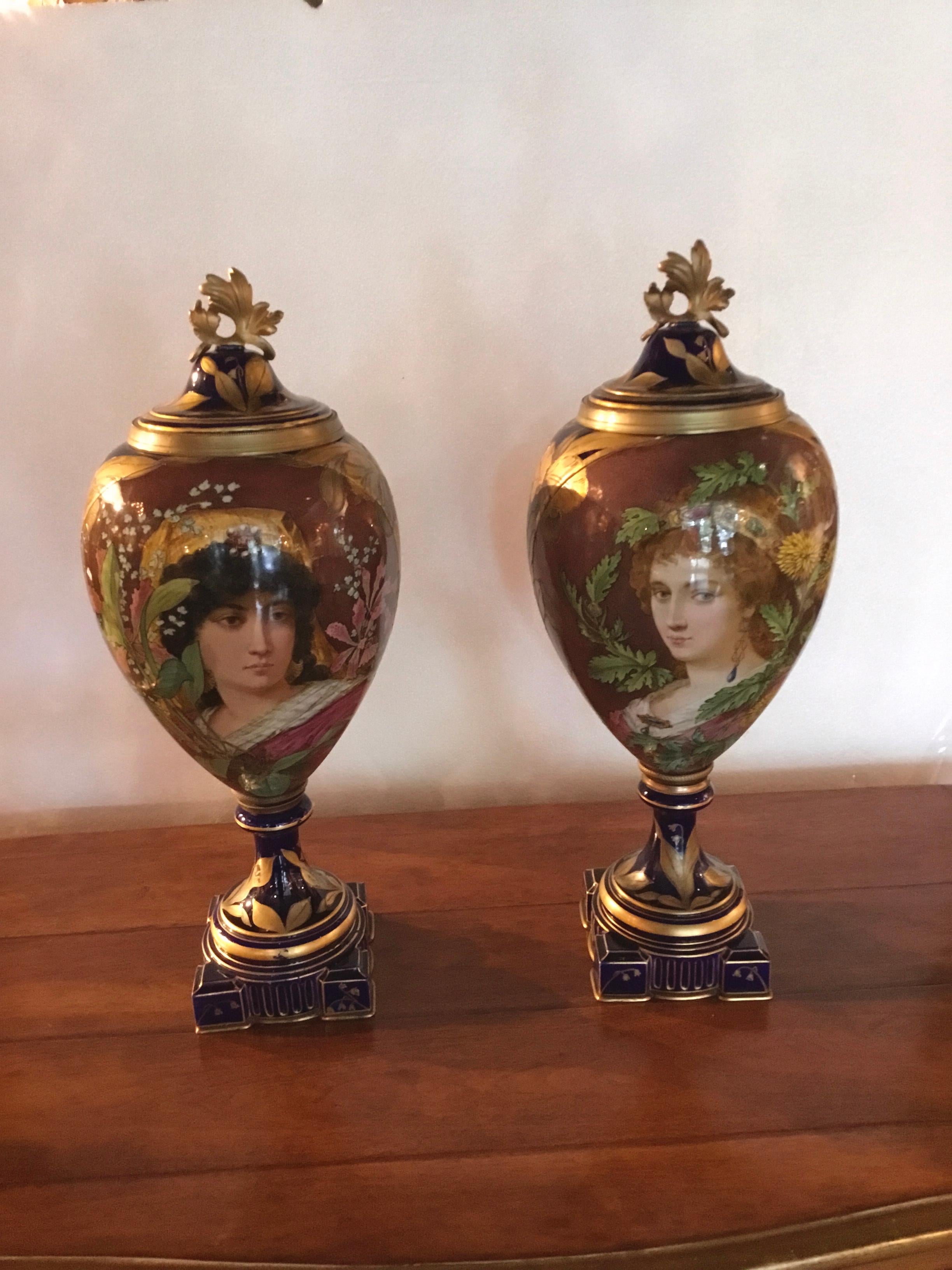 Pair of French Porcelain Art Nouveau Portrait Urns, Gilt Bronze Mounted C. 1900 For Sale 2