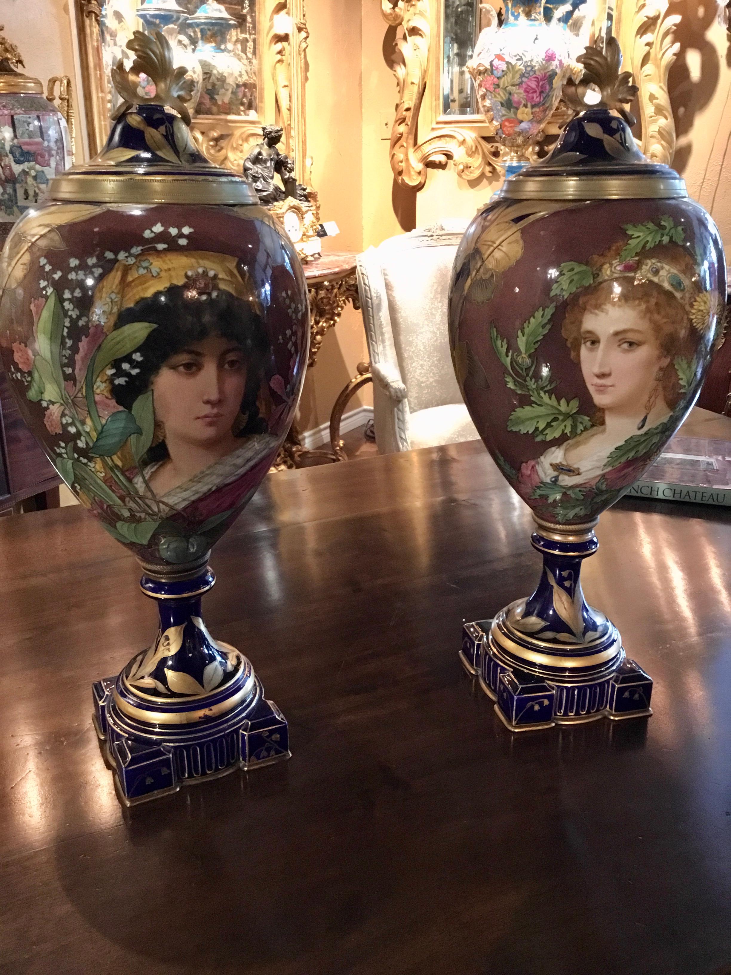 Pair of French Porcelain Art Nouveau Portrait Urns, Gilt Bronze Mounted C. 1900 For Sale 3