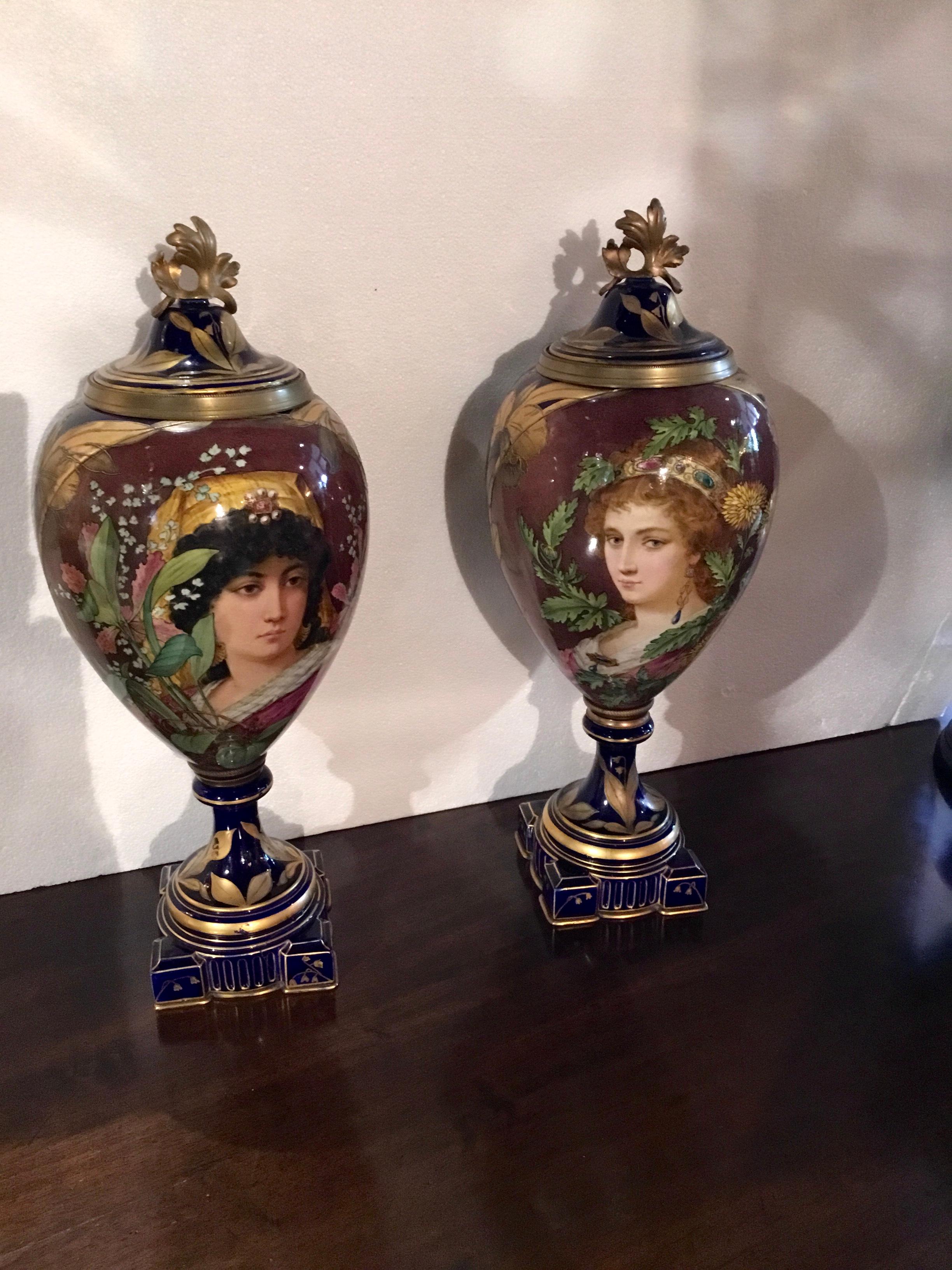 Pair of French Porcelain Art Nouveau Portrait Urns, Gilt Bronze Mounted C. 1900 For Sale 4