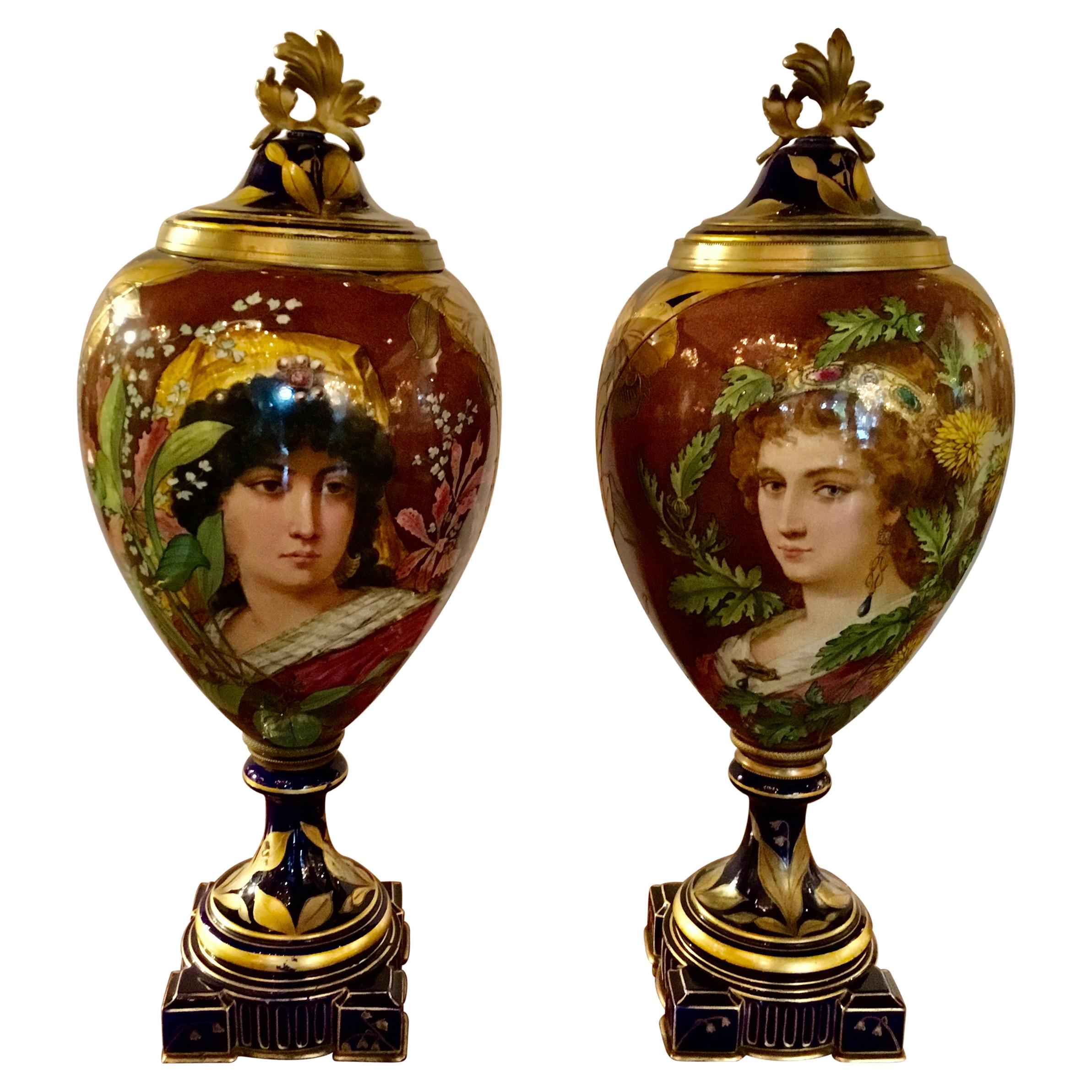 Pair of French Porcelain Art Nouveau Portrait Urns, Gilt Bronze Mounted C. 1900