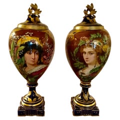 Pair of French Porcelain Art Nouveau Portrait Urns, Gilt Bronze Mounted C. 1900