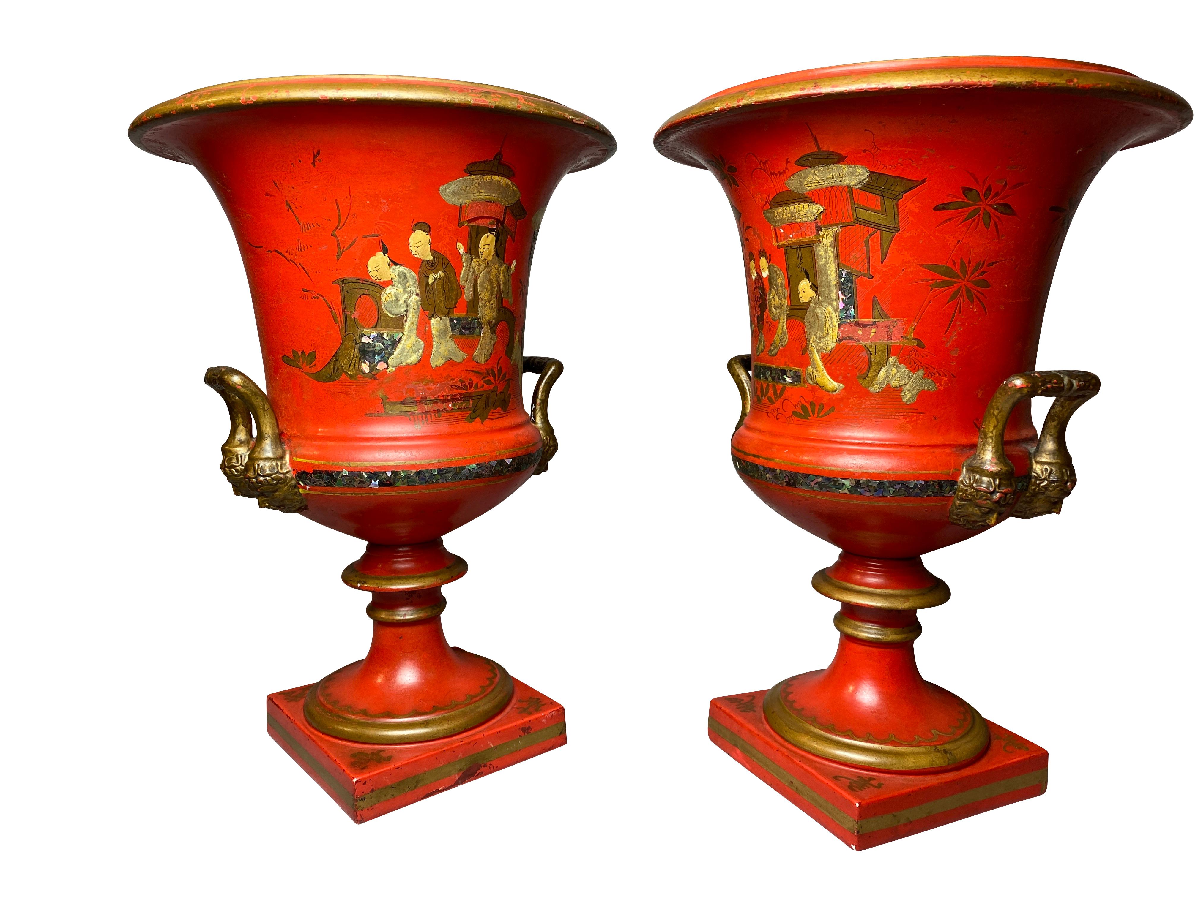 Flared urn shape with gilded handles with head terminals decorated later with scarlet red and painted and gilt figures and landscapes. Ex Mallett Antiques, London. Purchased in the 1970s.