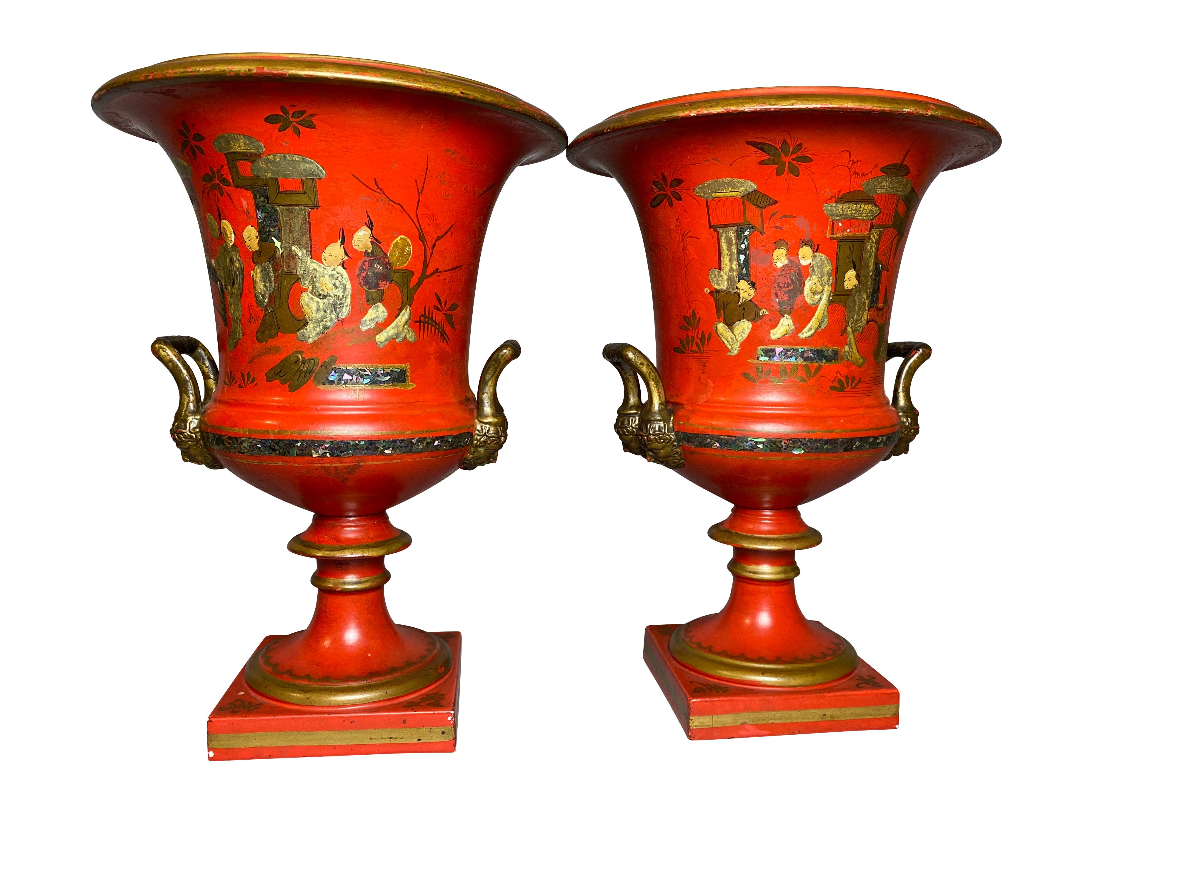 Pair of French Porcelain Campagna Vases with Later Japanned Decoration In Good Condition In Essex, MA