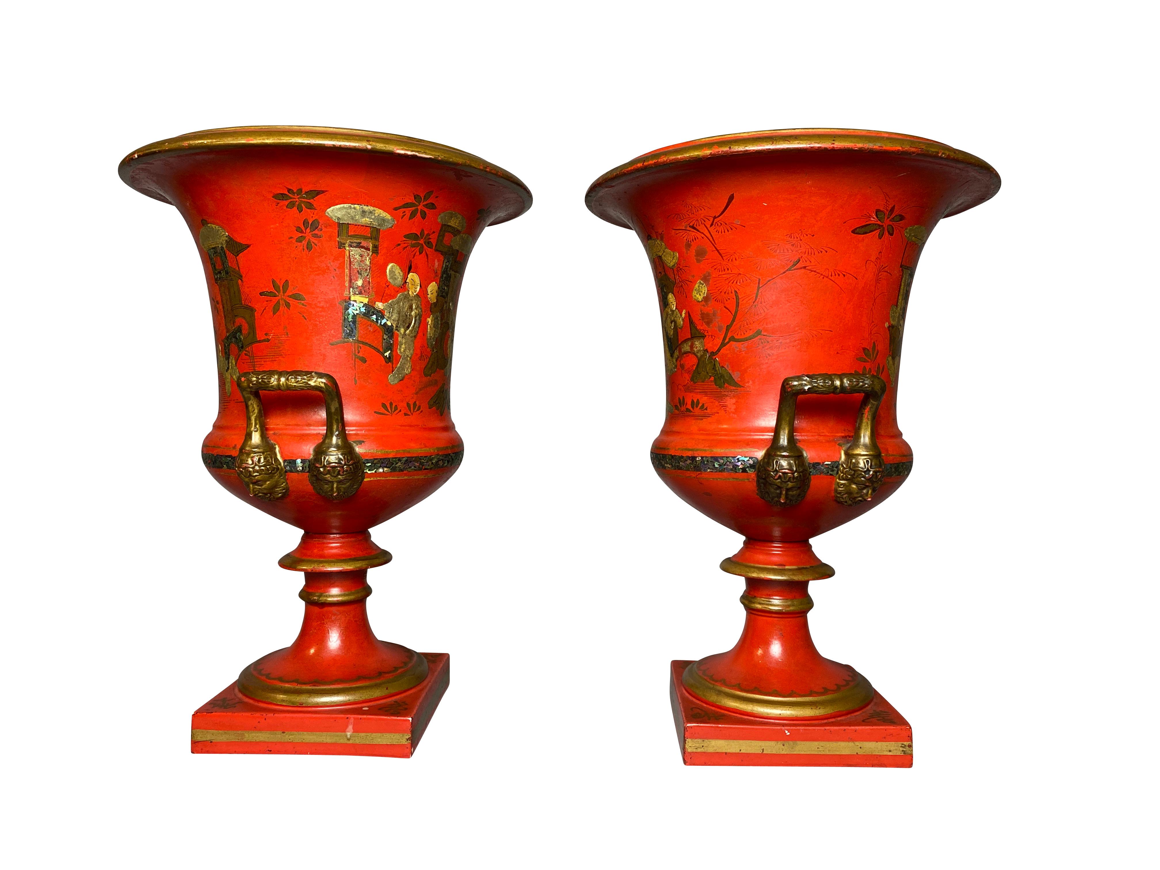 Early 19th Century Pair of French Porcelain Campagna Vases with Later Japanned Decoration