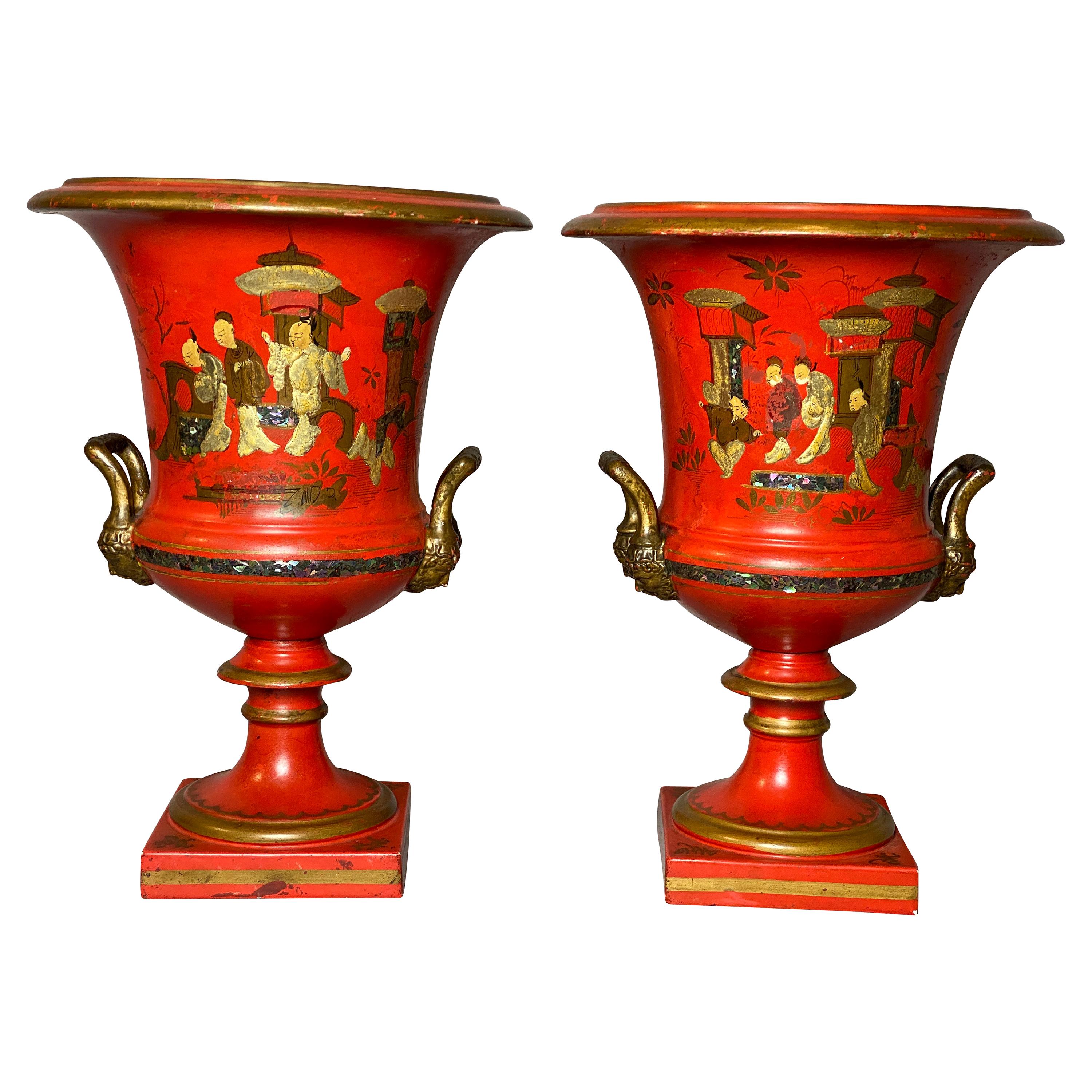 Pair of French Porcelain Campagna Vases with Later Japanned Decoration