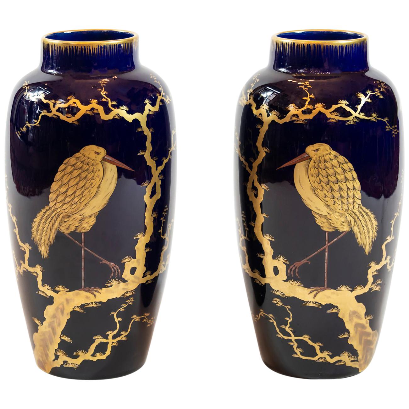 Pair of French Porcelain Cobalt Blue Vases with Birds