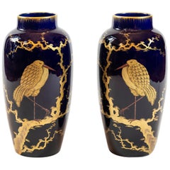Pair of French Porcelain Cobalt Blue Vases with Birds