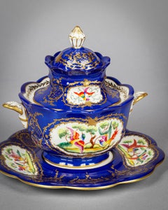 Pair of French Porcelain Covered Sauce Tureens on Stands, Le Tallec, Dated 1984