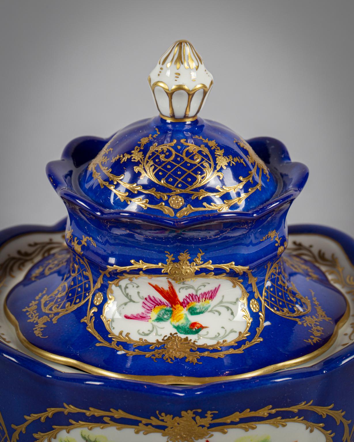 Pair of French Porcelain Covered Sauce Tureens on Stands, Le Tallec, Dated 1984 For Sale 3