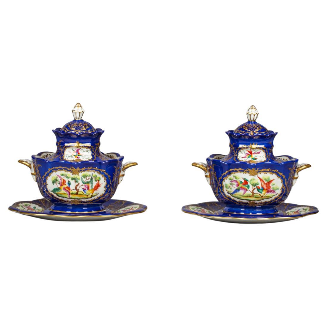 Pair of French Porcelain Covered Sauce Tureens on Stands, Le Tallec, Dated 1984