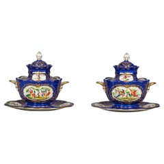 Retro Pair of French Porcelain Covered Sauce Tureens on Stands, Le Tallec, Dated 1984