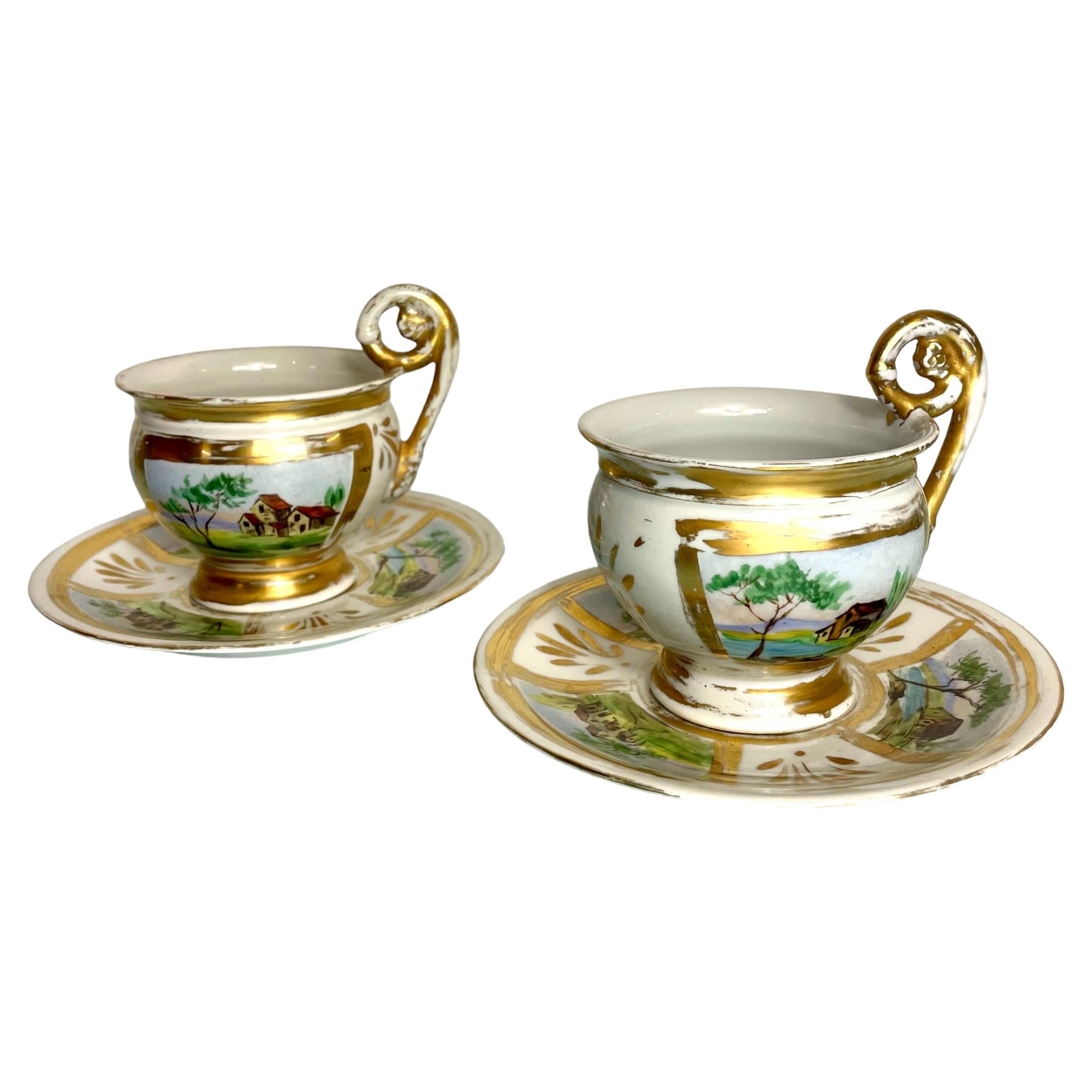 Pair of French Porcelain Cups and Saucers. Paris, 19th Century For Sale
