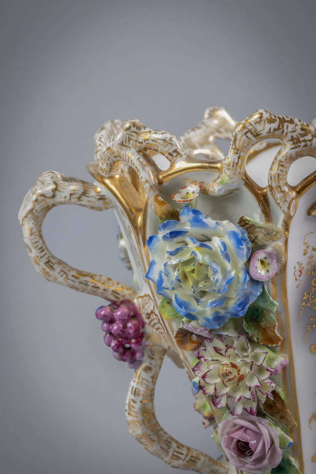 Pair of French Porcelain Floral and Fruit Vases, Jacob Petit, Circa 1840 In Good Condition For Sale In New York, NY