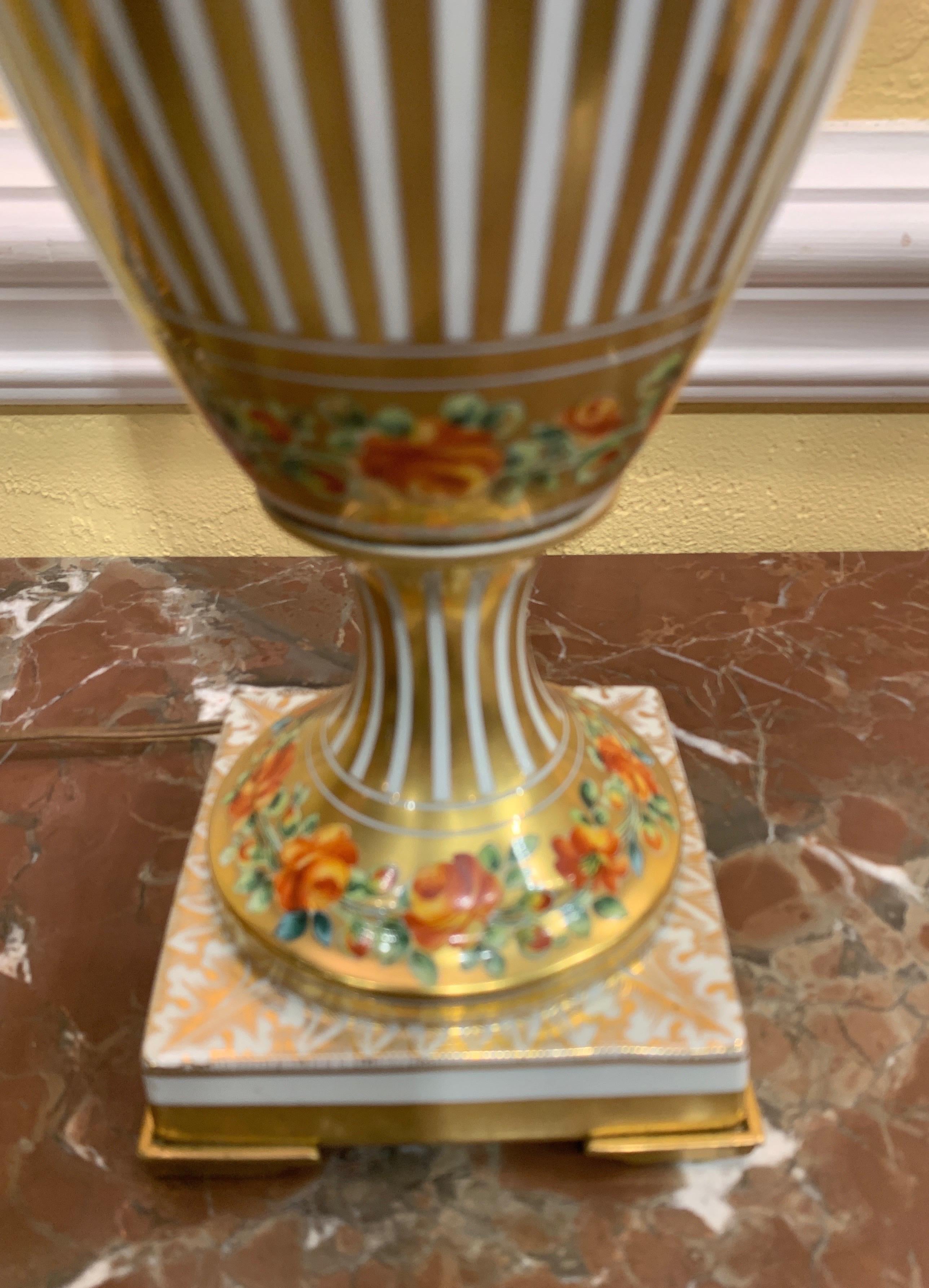 Pair of French Porcelain Floral Decorated Urns Converted to Lamps by Marbro In Good Condition In Ft. Lauderdale, FL