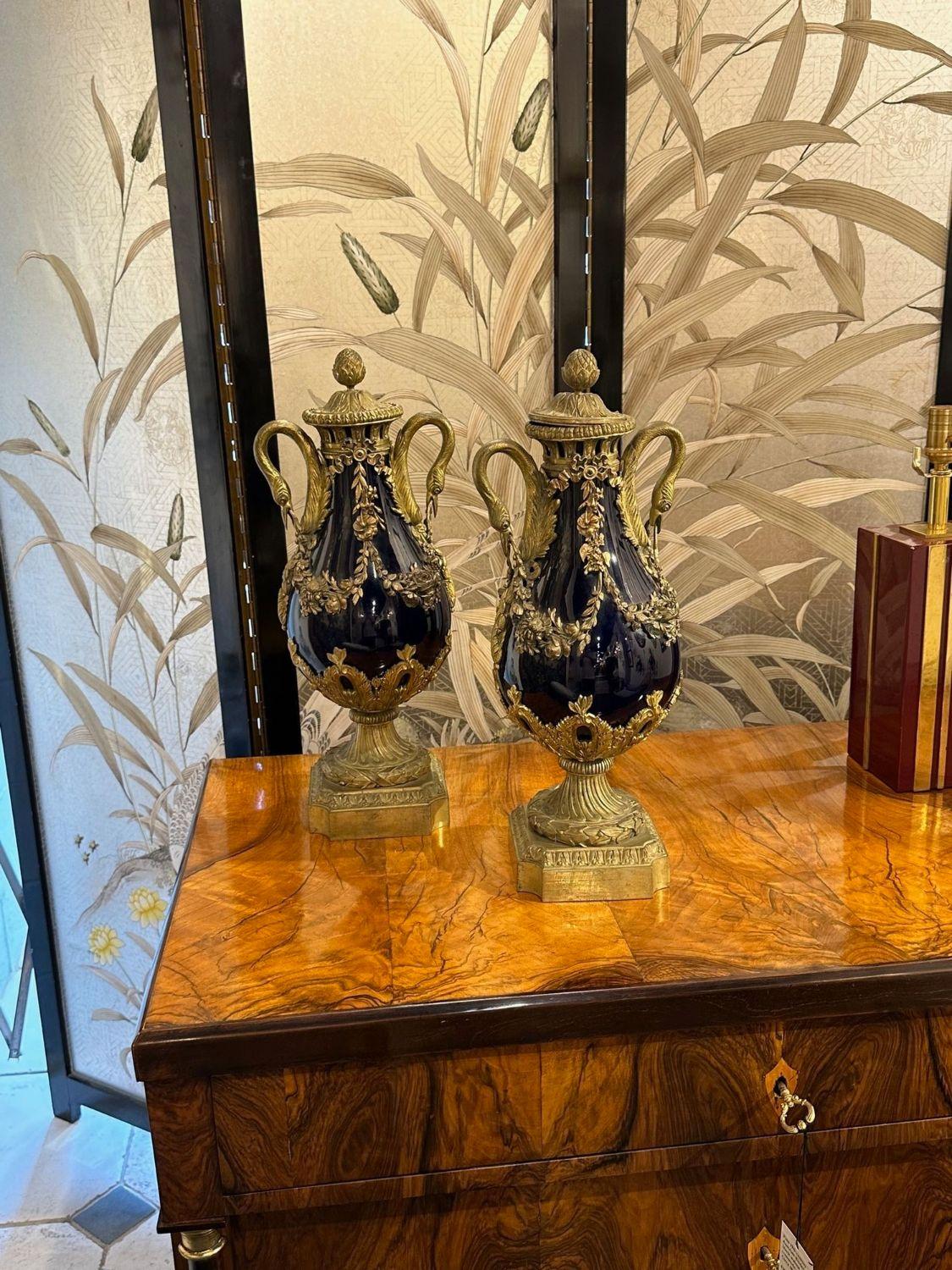 Fine pair of French cobalt porcelain and gilt bronze cassollette, circa 1870. A fine addition to any home!.