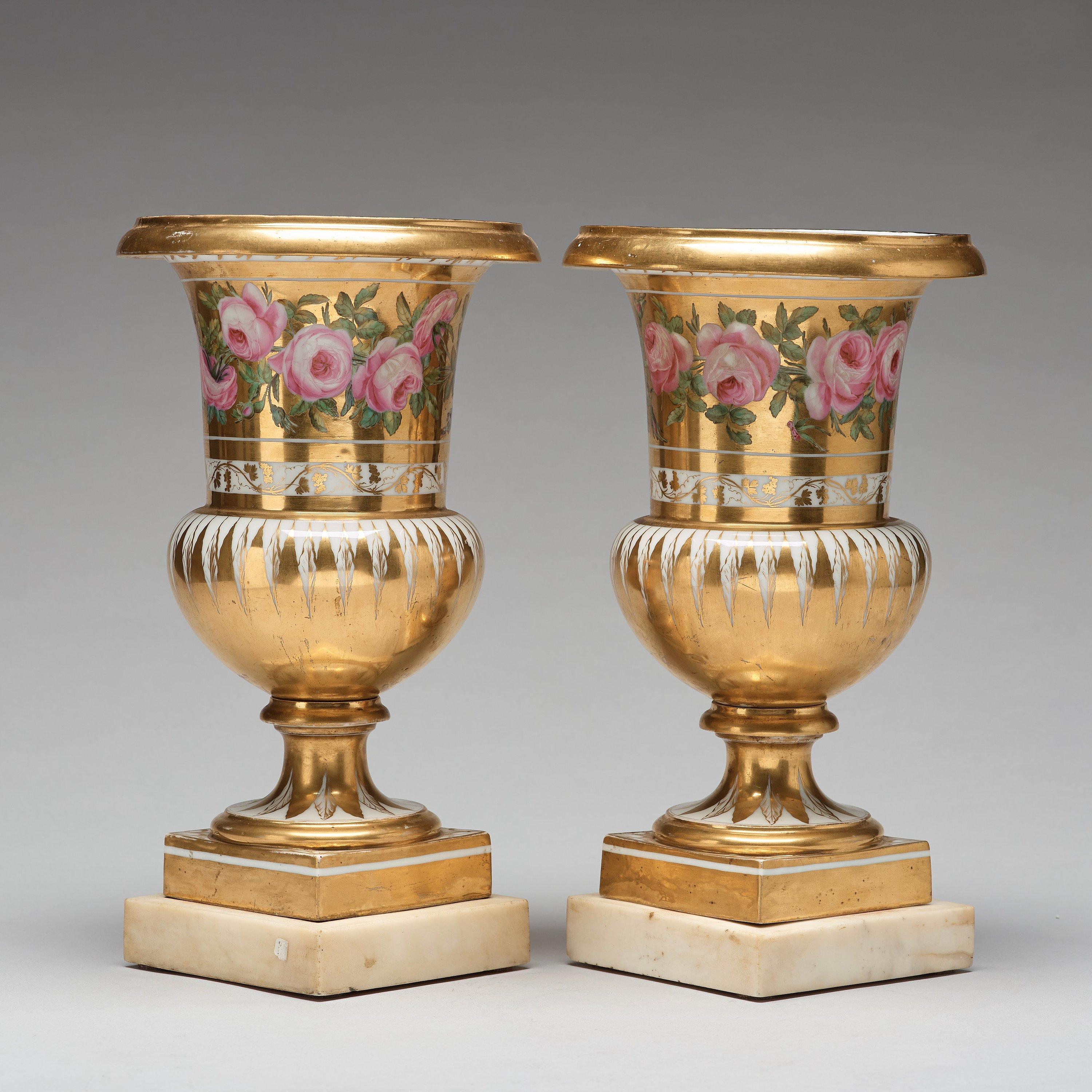 Empire Pair of French Porcelain Gold-Ground and Flower Painted Vases, 19th Century