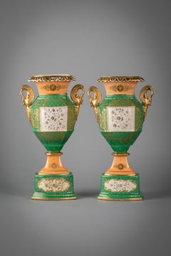 Pair of French Porcelain Green and Salmon Ground Portrait Vases, circa 1850