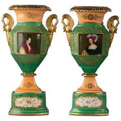 Pair of French Porcelain Green and Salmon Ground Portrait Vases, circa 1850