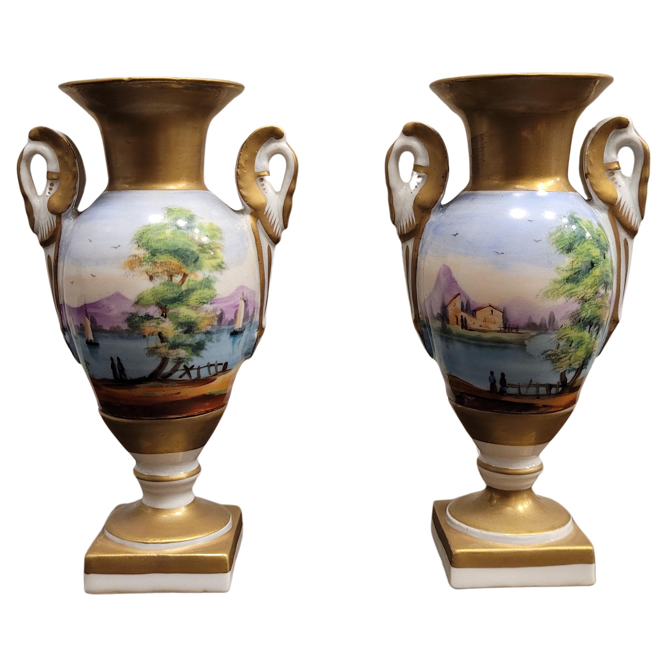 Pair of French Porcelain hand painted Vases  For Sale