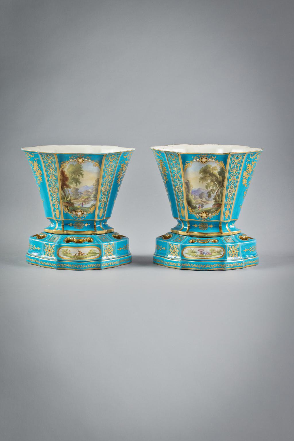 Vase Hollandais, Sevres-style with Sevres mark interlaced L's underneath. The color reserves painted on either side with mythological and pastural scenes within tooled gilt and jeweled cartouches, the other panels with gilt abstract floral and