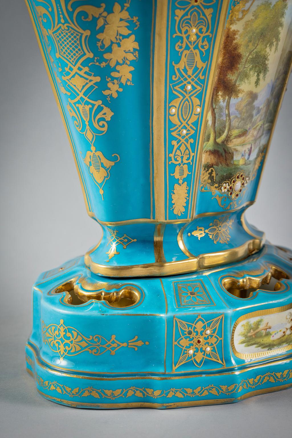 Pair of French Porcelain Turquoise Ground Vase on Stands, circa 1860 In Good Condition For Sale In New York, NY